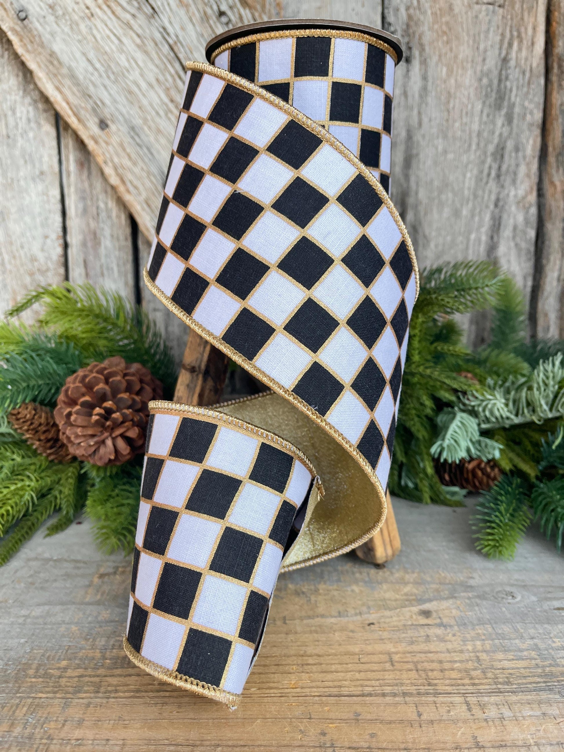 4" Black and White Check Ribbon, Christmas Ribbon