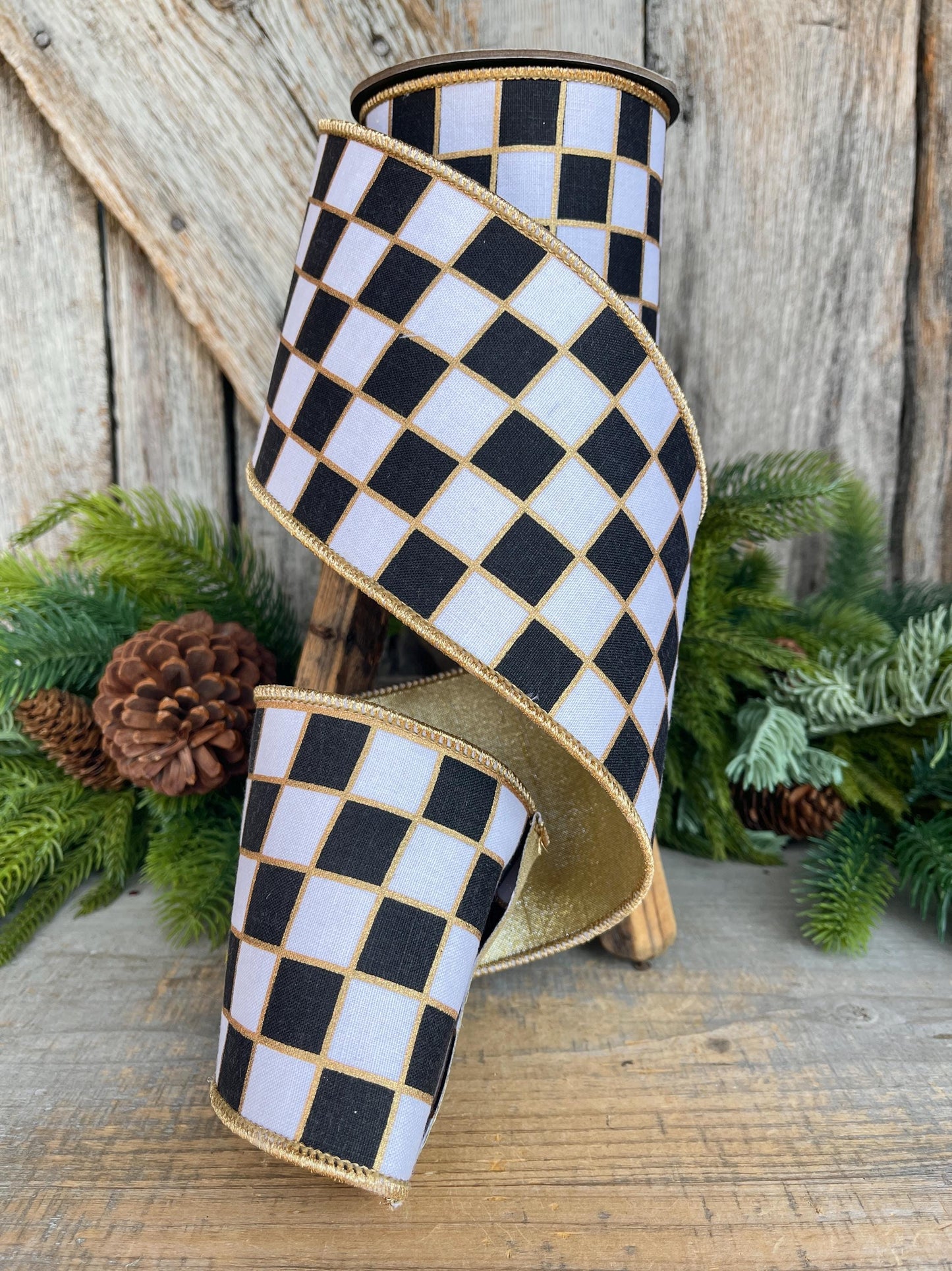 4" Black and White Check Ribbon, Christmas Ribbon