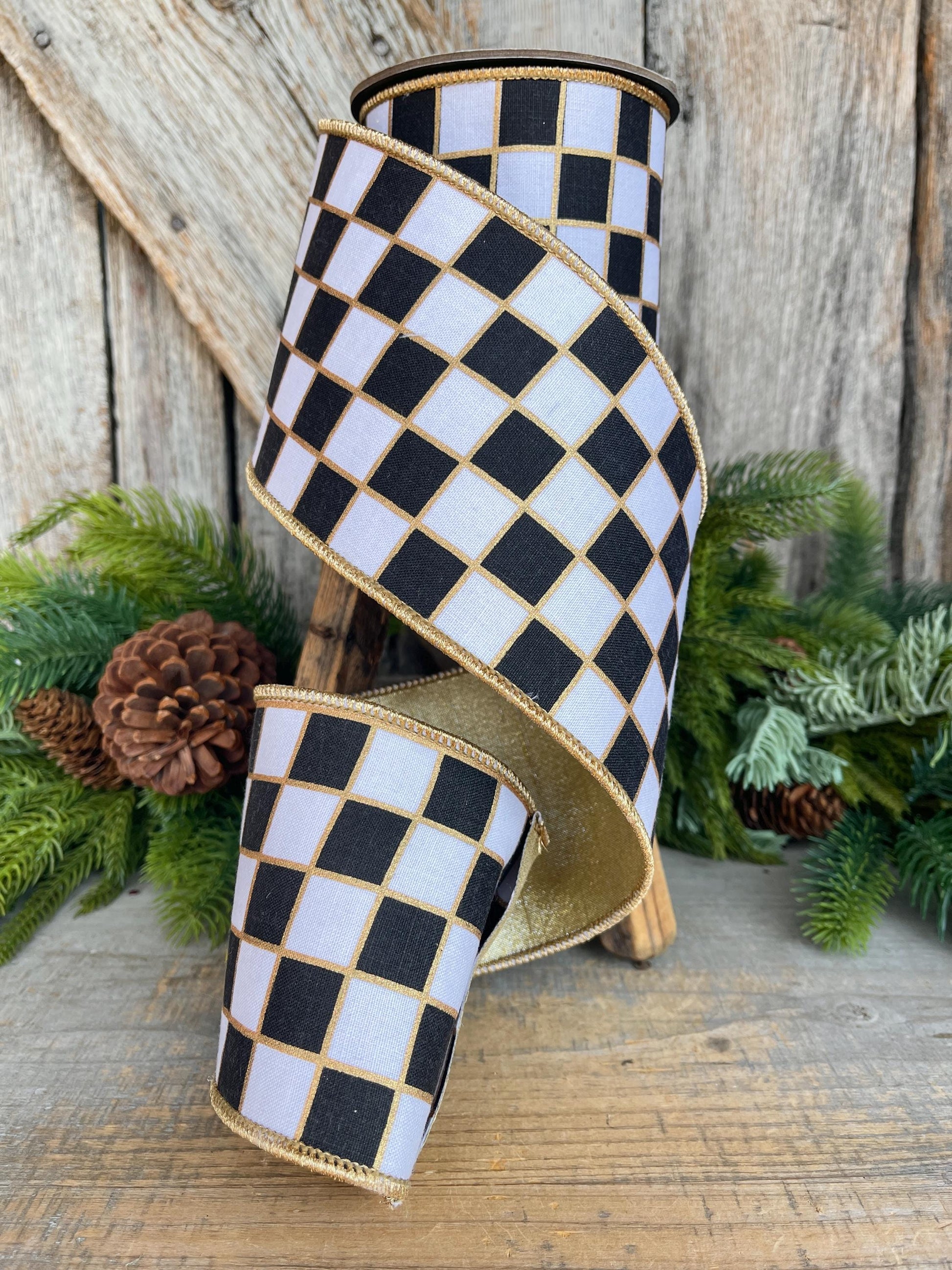 4" Black and White Check Ribbon, Christmas Ribbon