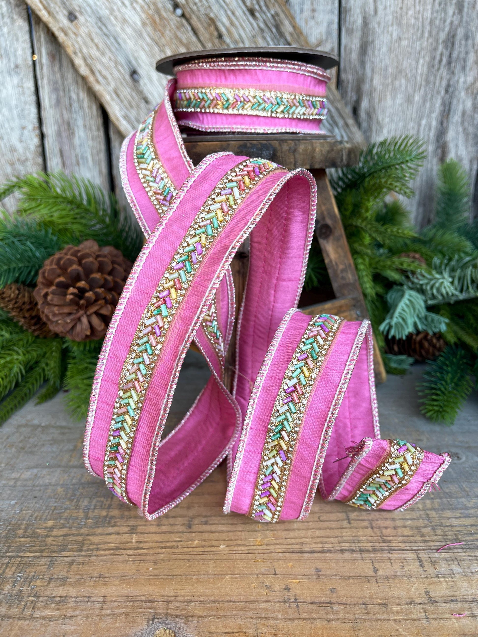 1.5" Pink Beaded Ribbon, Christmas Ribbon, Pastel Ribbon