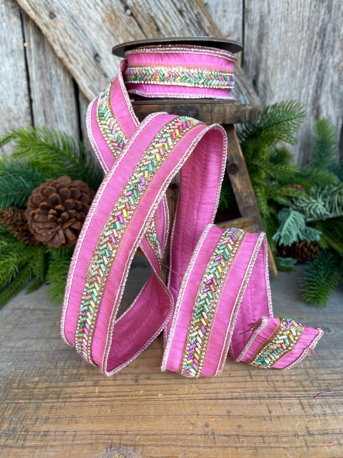 1.5" Pink Beaded Ribbon, Christmas Ribbon, Pastel Ribbon