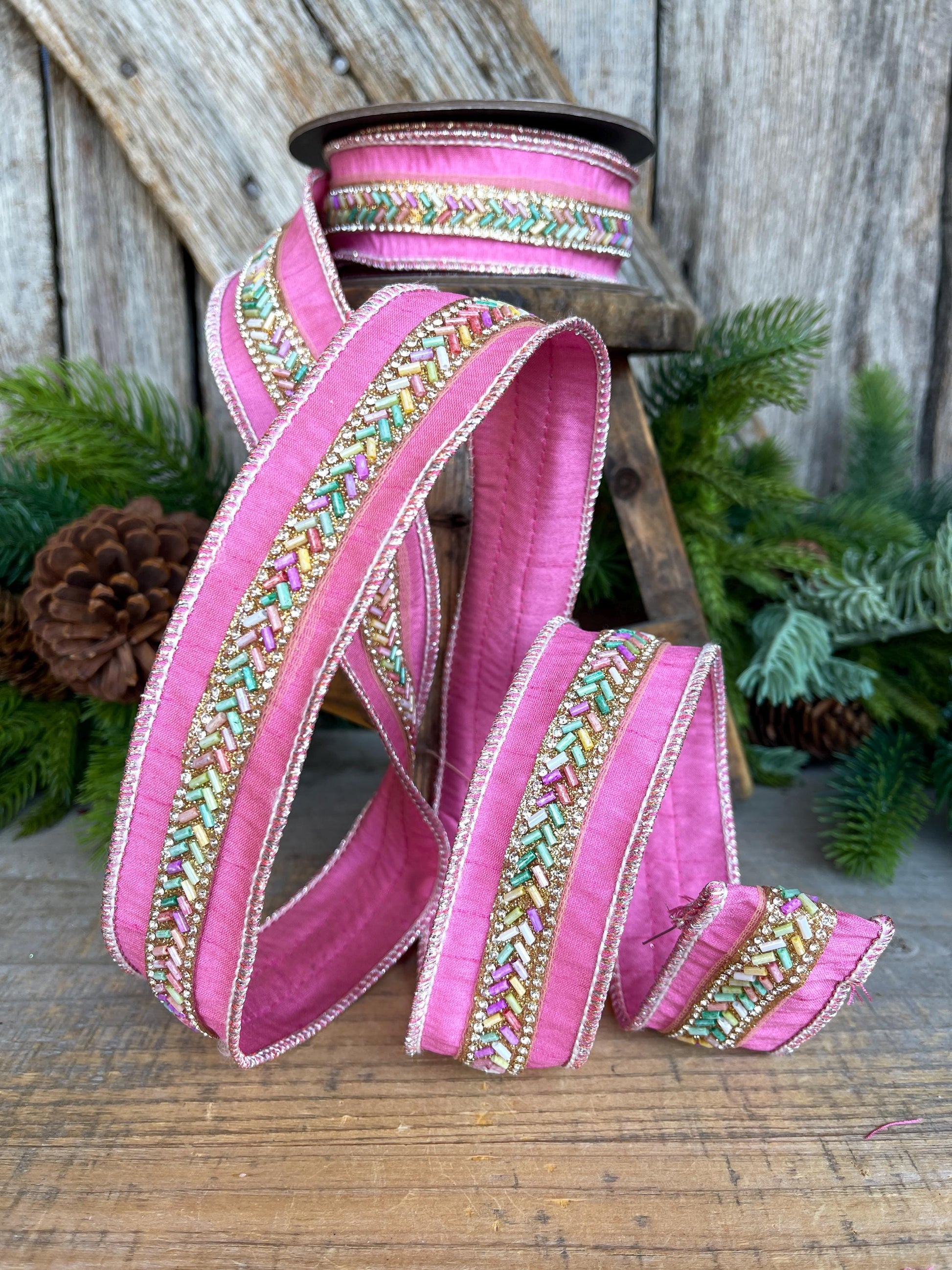 1.5" Pink Beaded Ribbon, Christmas Ribbon, Pastel Ribbon