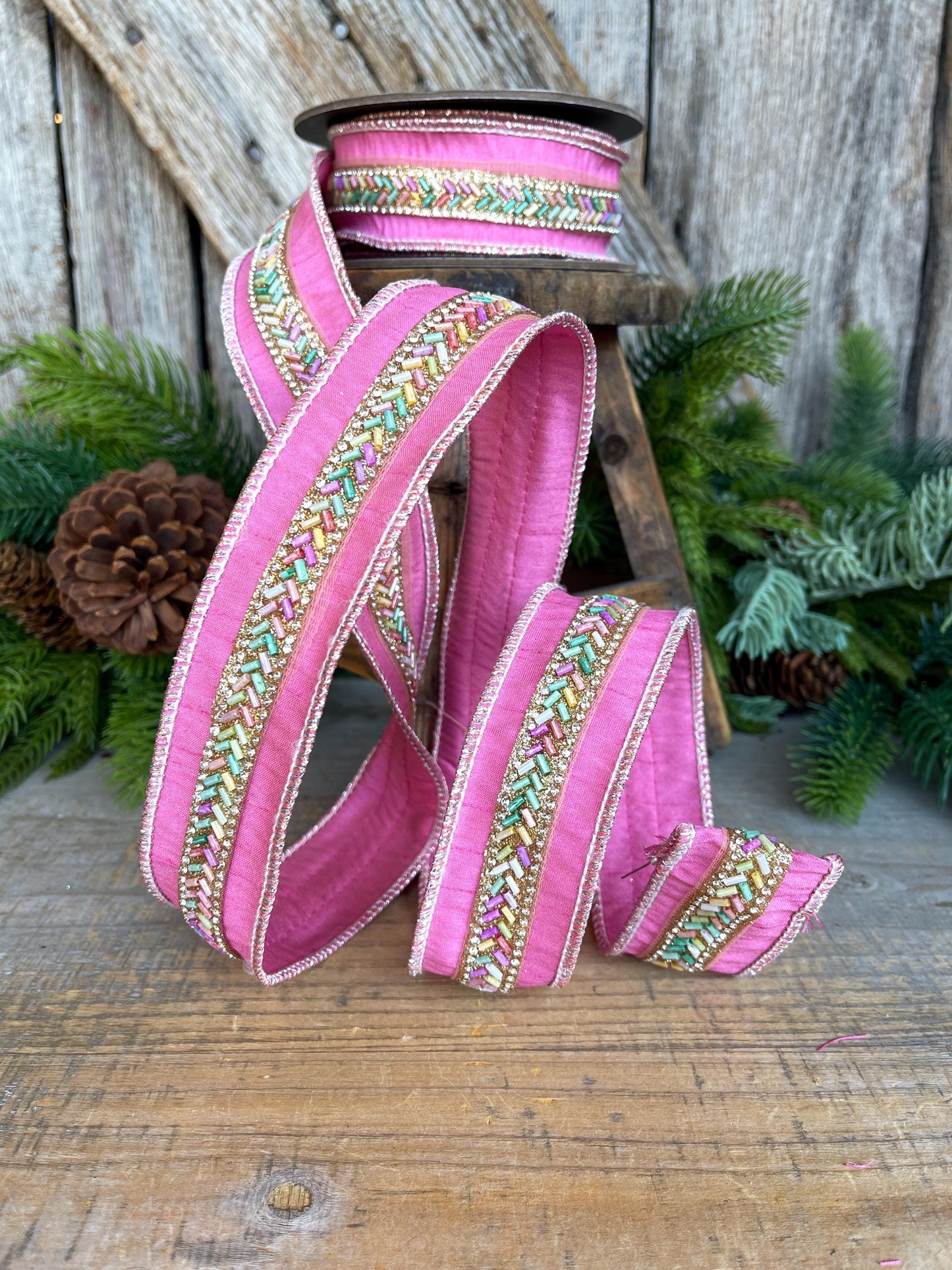 1.5" Pink Beaded Ribbon, Christmas Ribbon, Pastel Ribbon