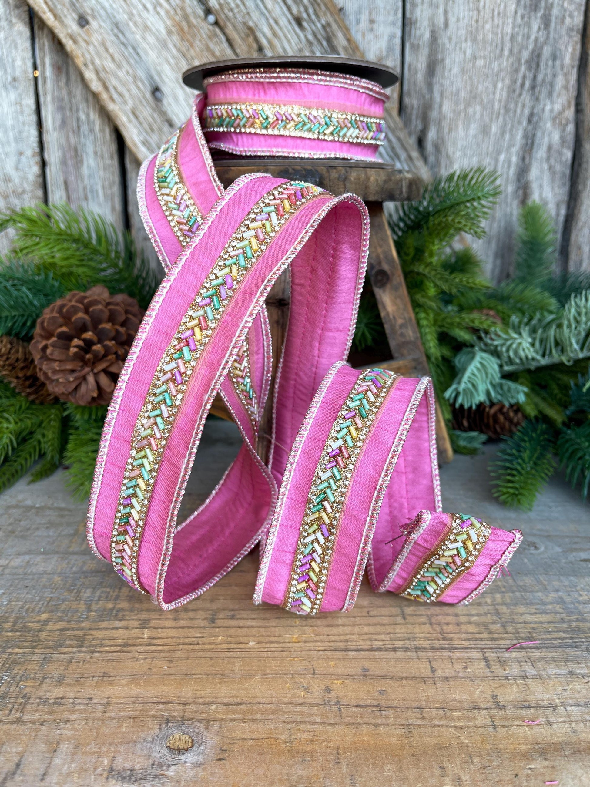 1.5" Pink Beaded Ribbon, Christmas Ribbon, Pastel Ribbon