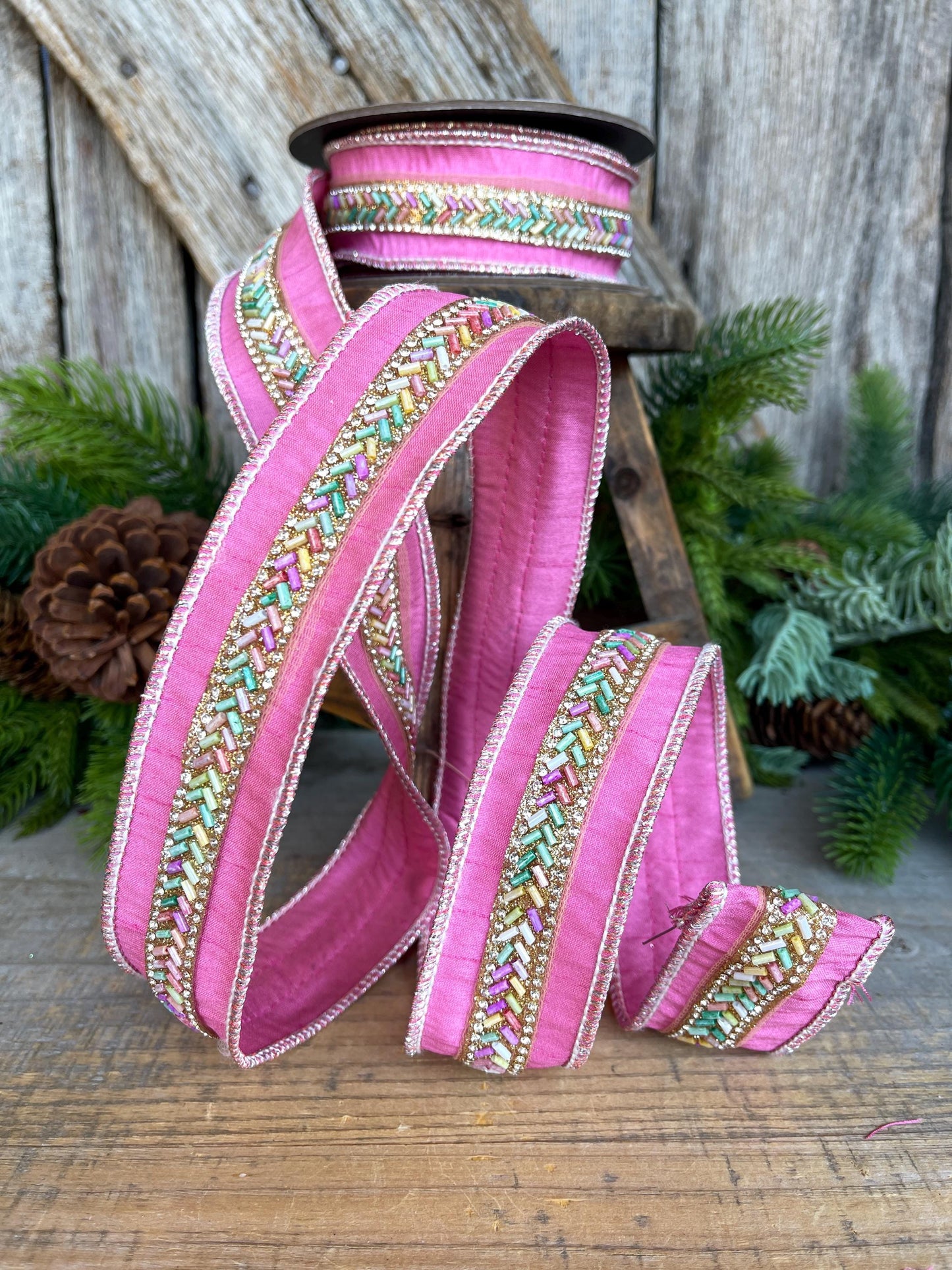 1.5" Pink Beaded Ribbon, Christmas Ribbon, Pastel Ribbon