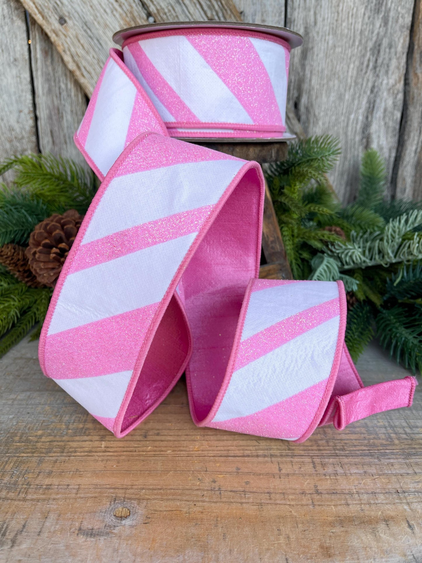 2.5" Pink and White Diagonal Stripe Ribbon, Farrisilk Ribbon, Candy Gloss Ribbon