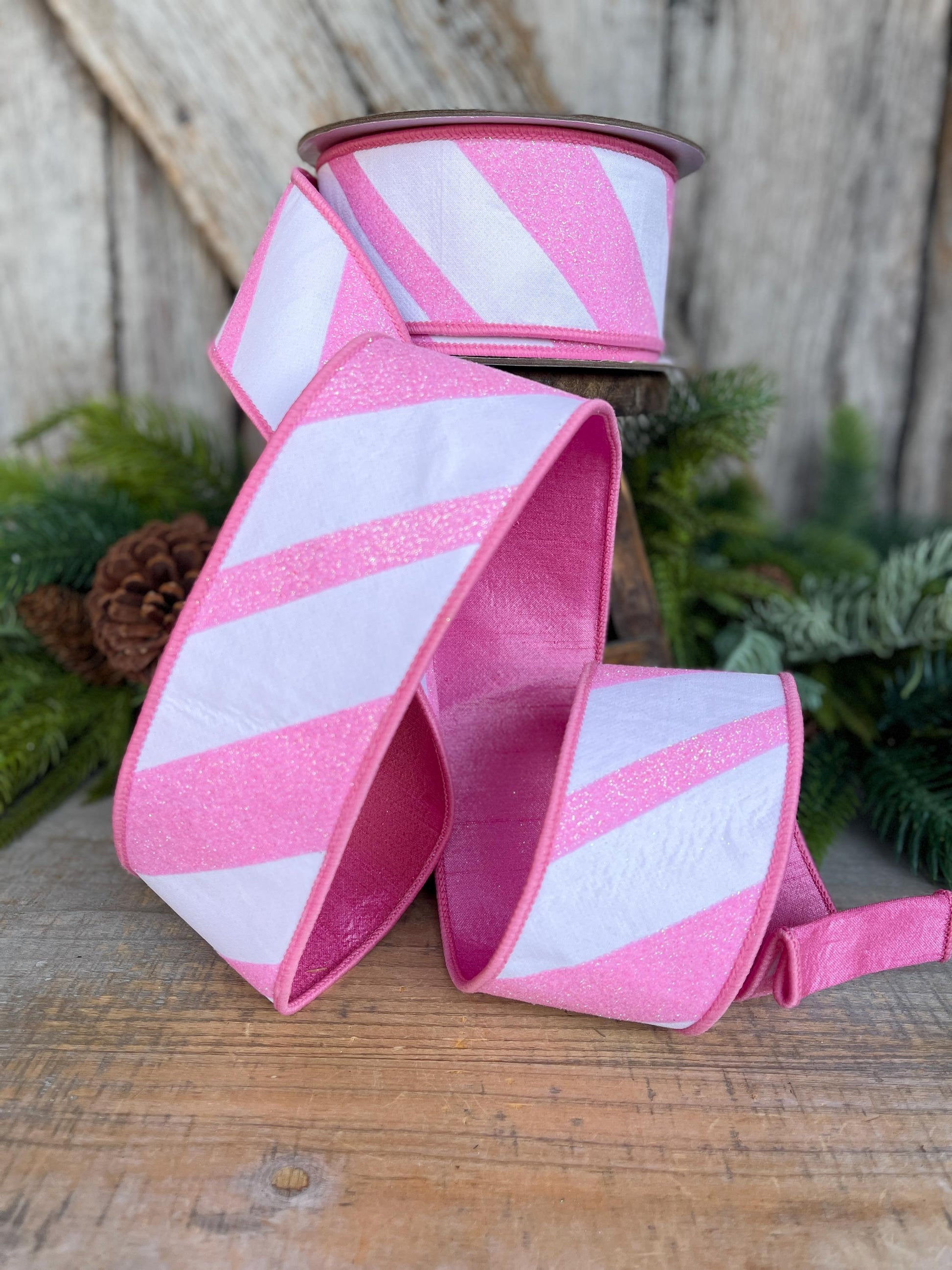 2.5" Pink and White Diagonal Stripe Ribbon, Farrisilk Ribbon, Candy Gloss Ribbon