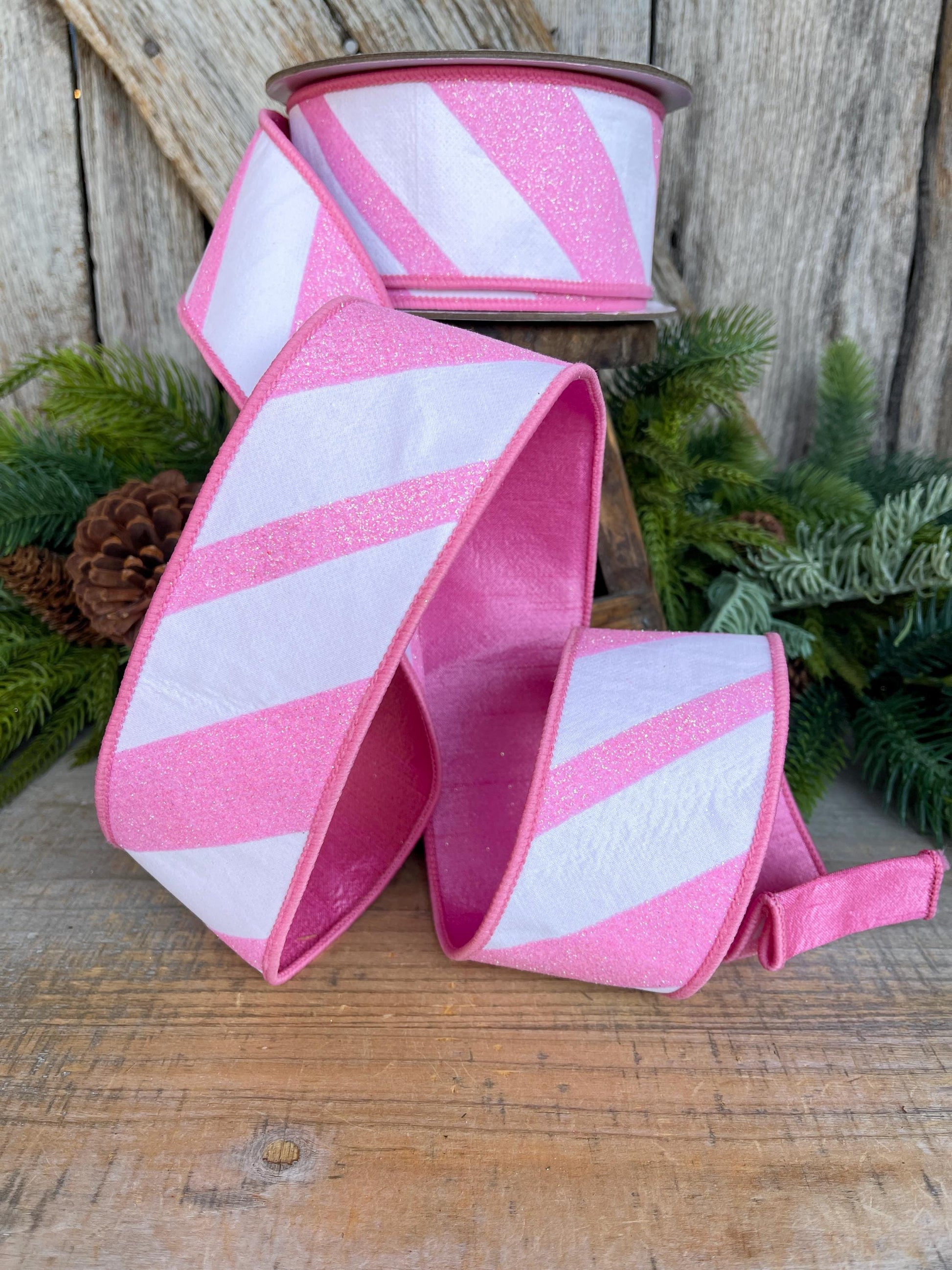 2.5" Pink and White Diagonal Stripe Ribbon, Farrisilk Ribbon, Candy Gloss Ribbon
