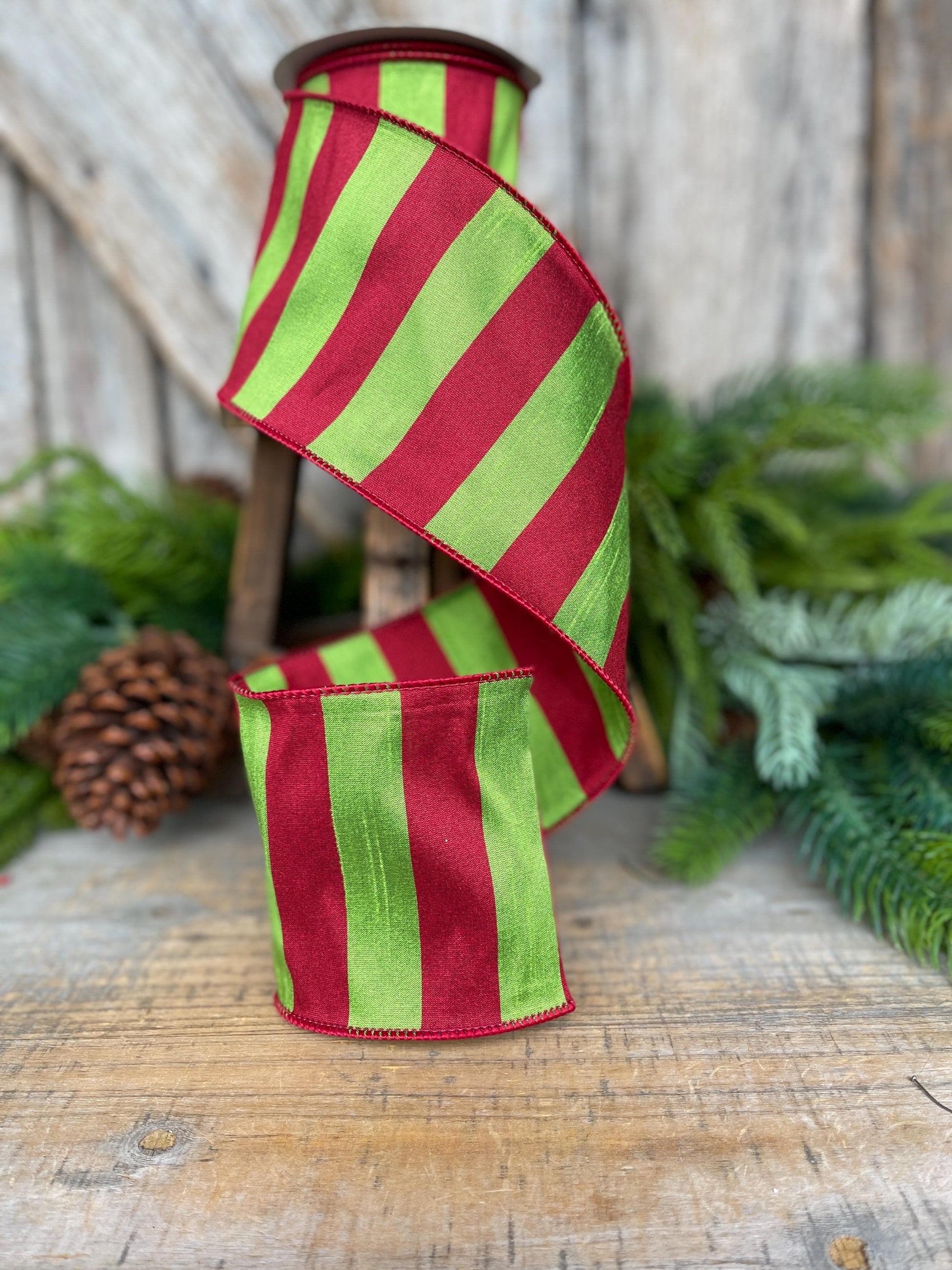 4" Red Lime Green Christmas Ribbon, Whimsical Christmas Ribbon
