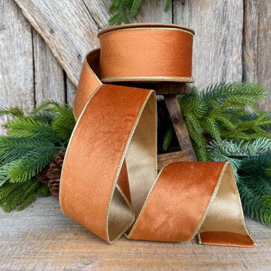 Copper Brown Velvet Wired Ribbon: 2.5" Fall Christmas Decor