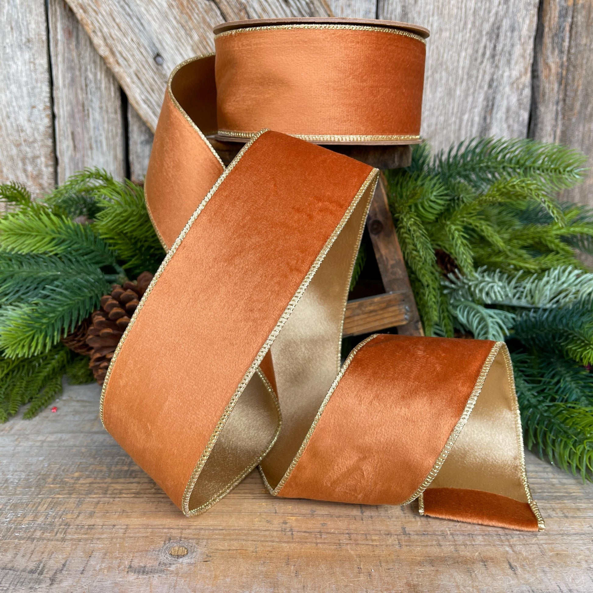 Copper Brown Velvet Wired Ribbon: 2.5" Fall Christmas Decor