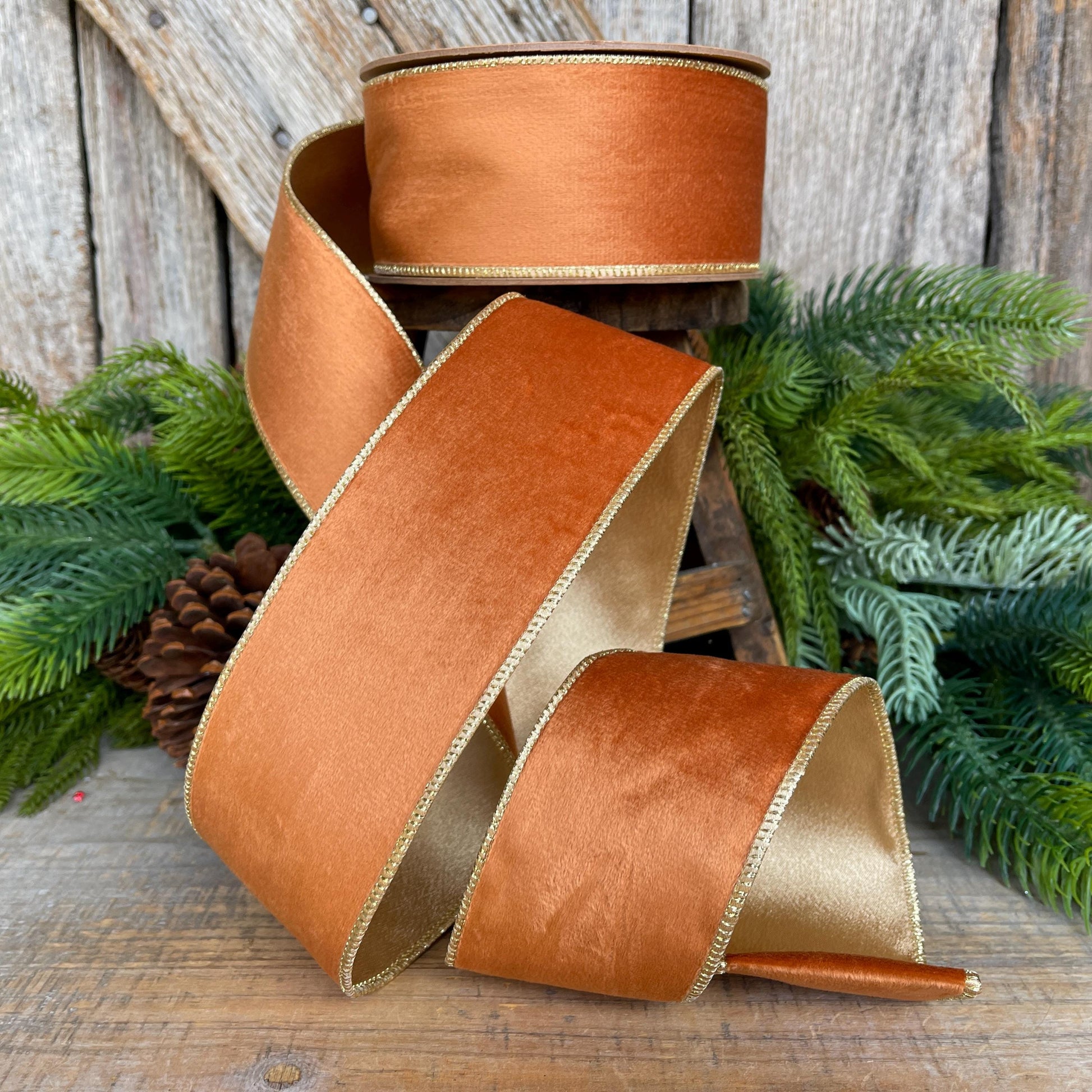 Copper Brown Velvet Wired Ribbon: 2.5" Fall Christmas Decor
