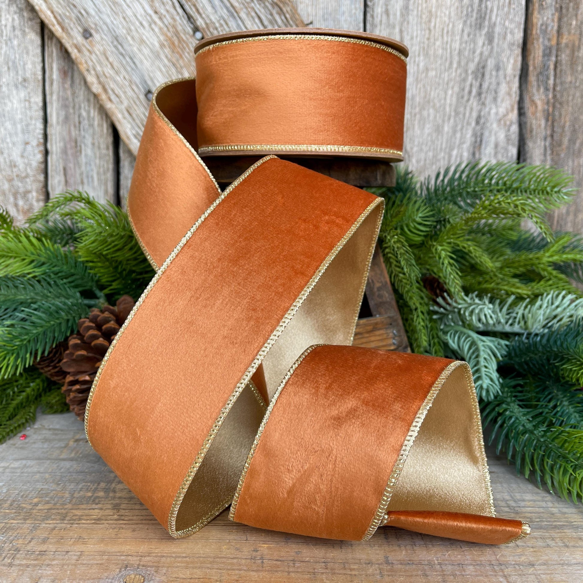 Copper Brown Velvet Wired Ribbon: 2.5" Fall Christmas Decor