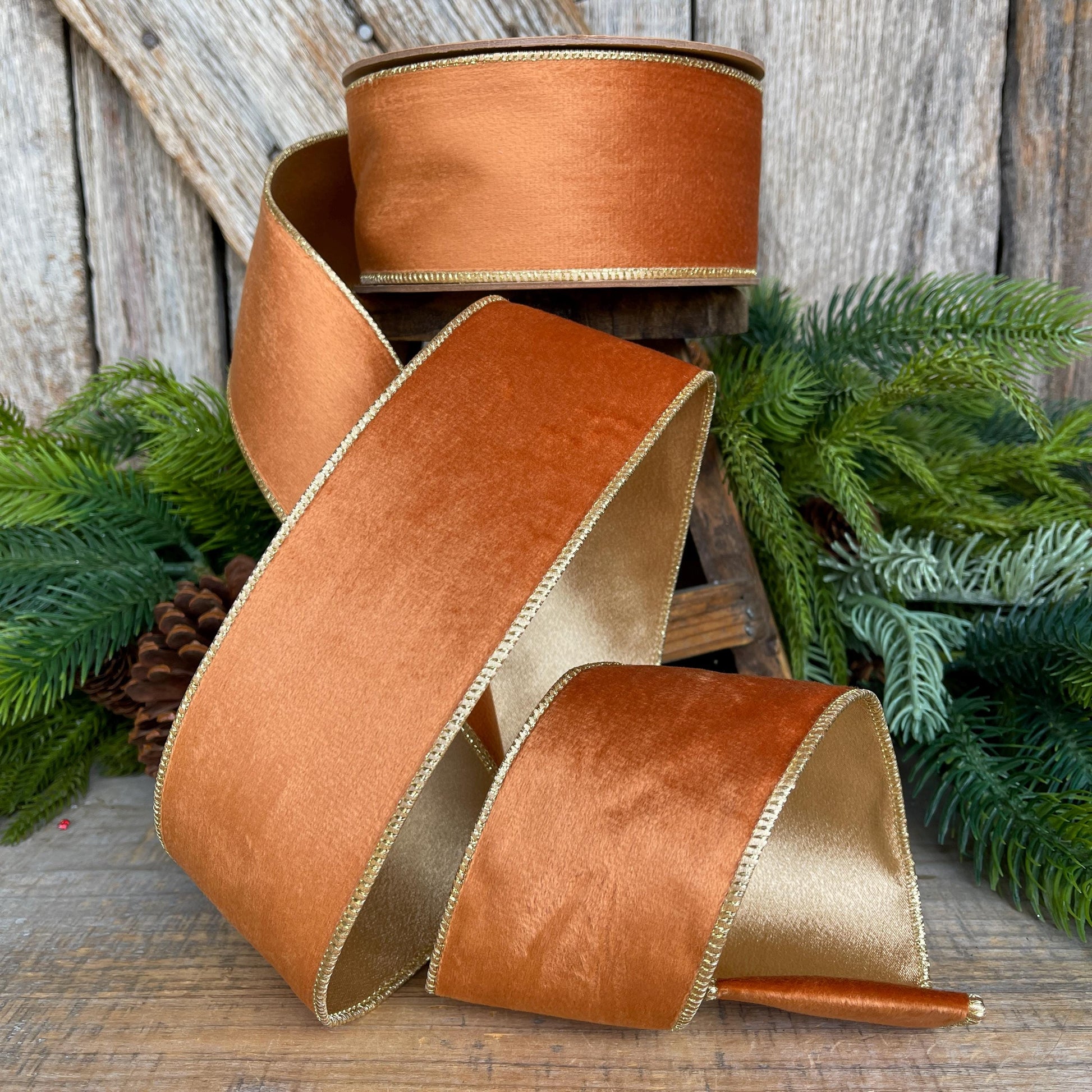Copper Brown Velvet Wired Ribbon: 2.5" Fall Christmas Decor