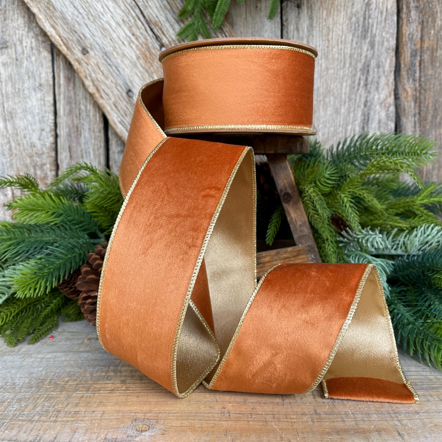 Copper Brown Velvet Wired Ribbon: 2.5" Fall Christmas Decor