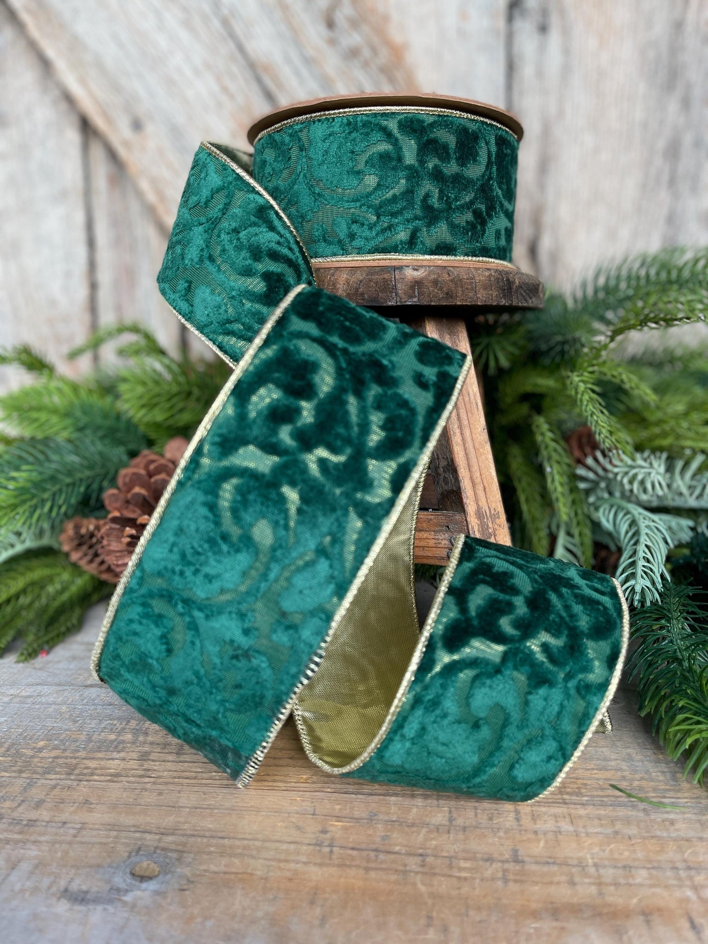 Emerald Green Embossed Velvet Christmas Ribbon: Wired Gold Backing, 2.5" x 10 Yards