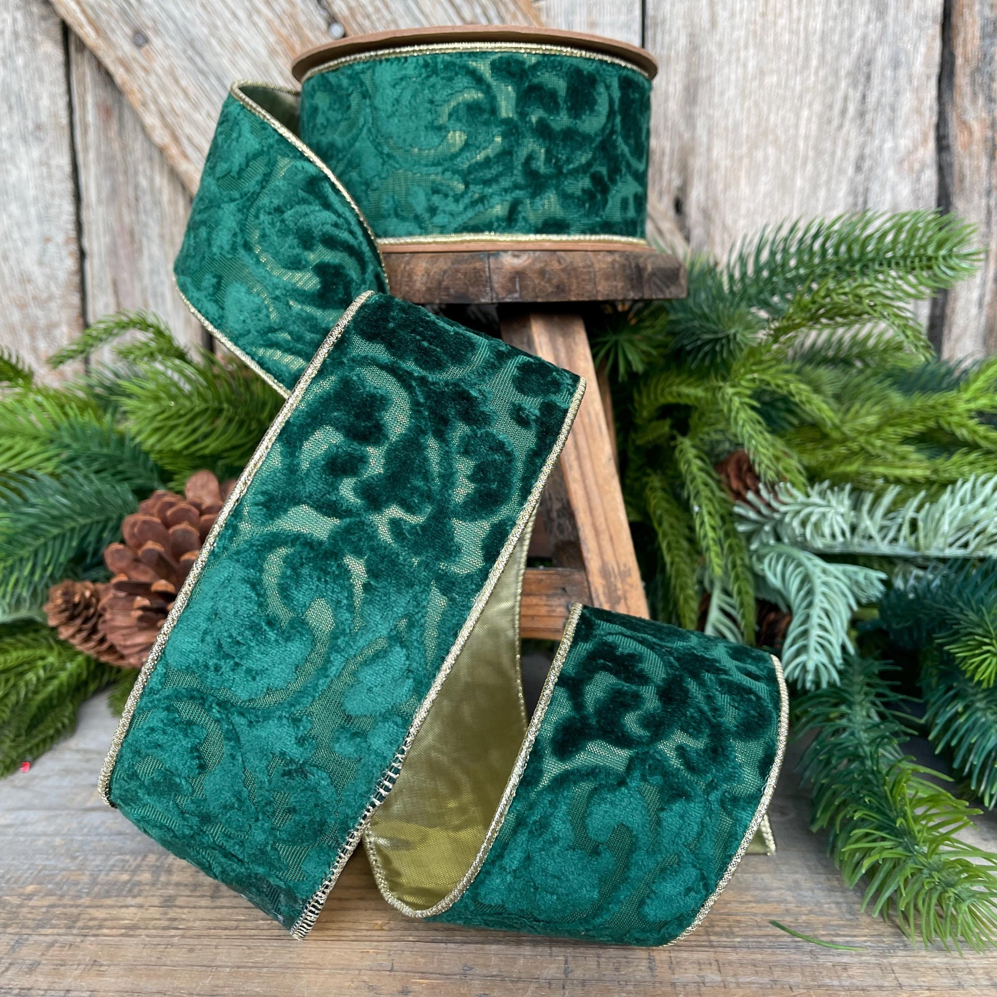 Emerald Green Embossed Velvet Christmas Ribbon: Wired Gold Backing, 2.5" x 10 Yards