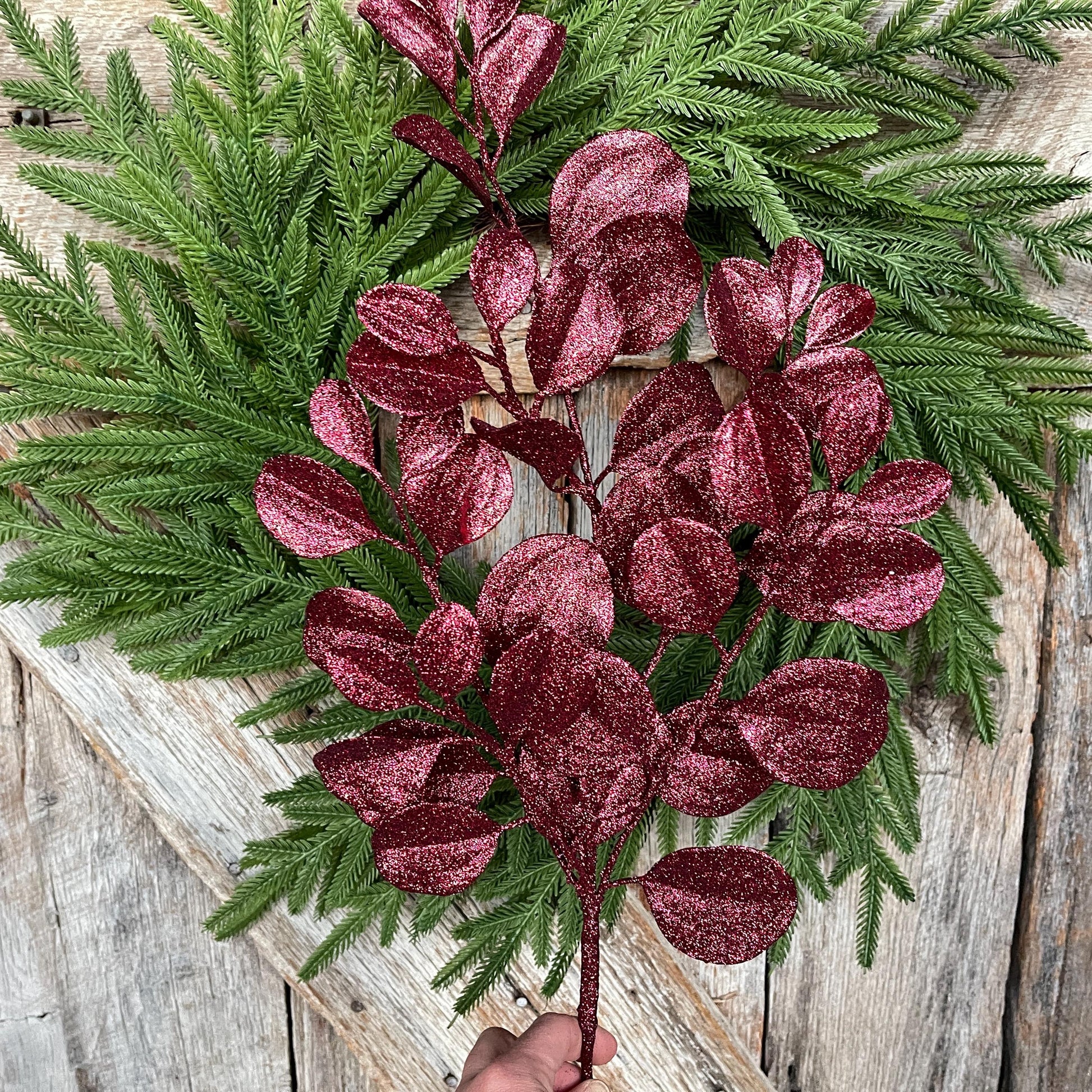 24" Burgundy Bay Leaf Glitter Spray, Burgundy Maroon Leaf Spray, Fall Leaf Spray