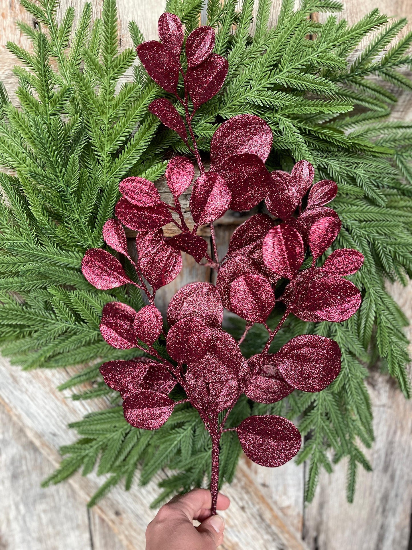 24" Burgundy Bay Leaf Glitter Spray, Burgundy Maroon Leaf Spray, Fall Leaf Spray