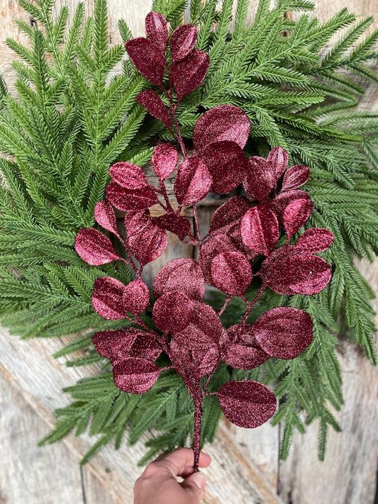 24" Burgundy Bay Leaf Glitter Spray, Burgundy Maroon Leaf Spray, Fall Leaf Spray