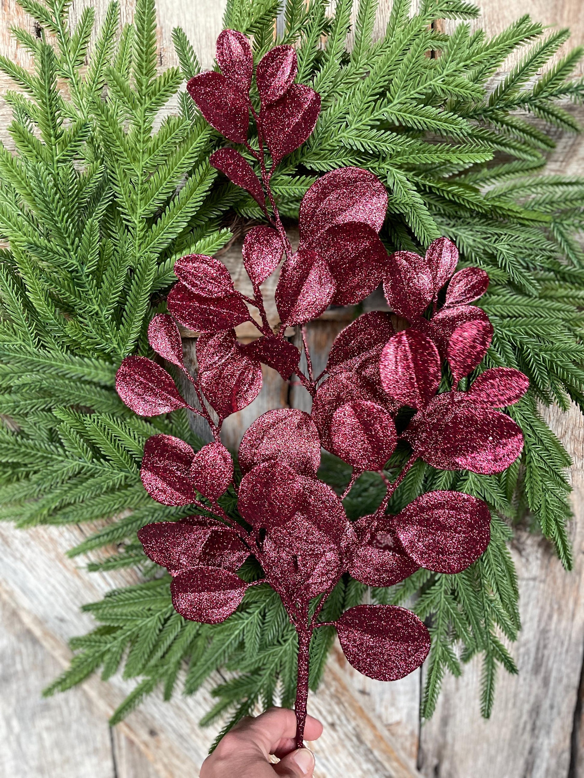 24" Burgundy Bay Leaf Glitter Spray, Burgundy Maroon Leaf Spray, Fall Leaf Spray