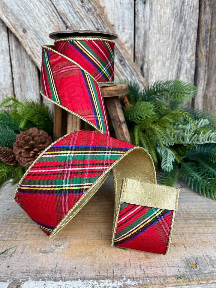 2.5" Traditional CHristmas Plaid, Wired Ribbon, Red Blue Chirstmas Plaid RIbbon