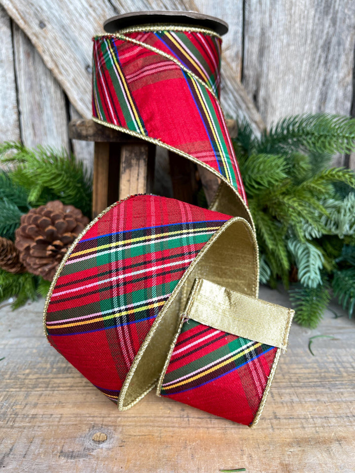 2.5" Traditional CHristmas Plaid, Wired Ribbon, Red Blue Chirstmas Plaid RIbbon