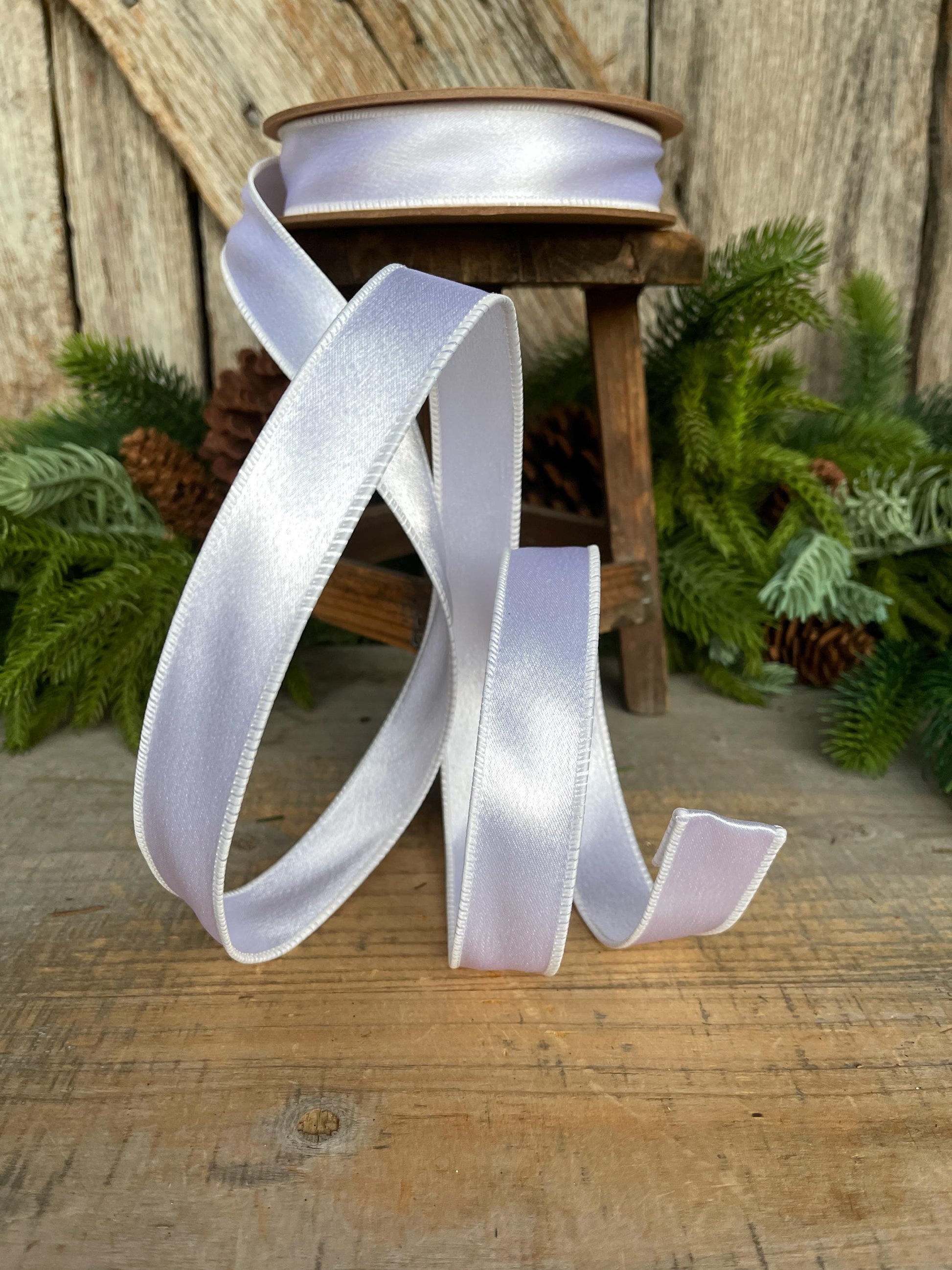 1" White Shimmer Satin Ribbon, White Satin Ribbon, Wired Ribbon