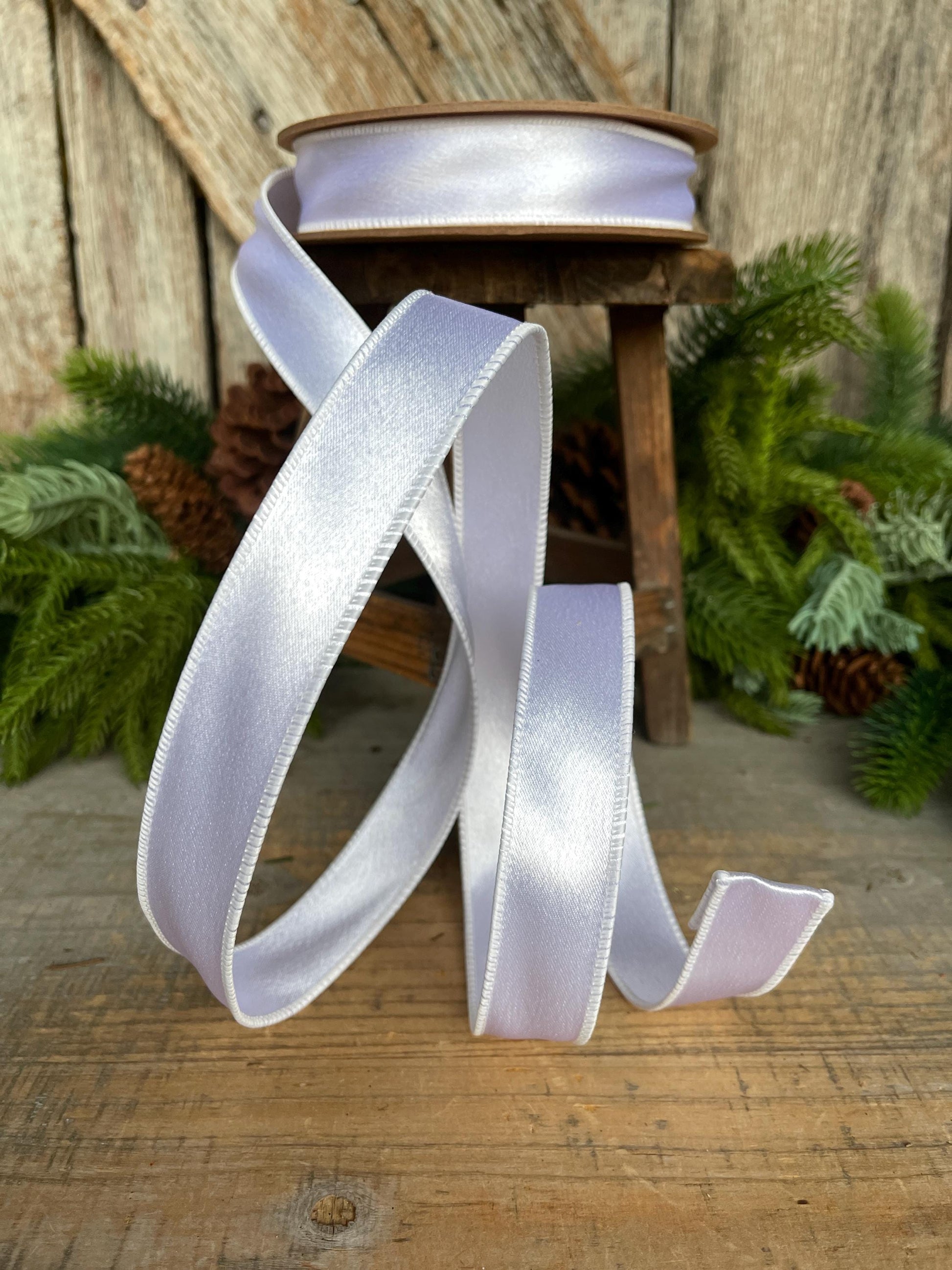 1" White Shimmer Satin Ribbon, White Satin Ribbon, Wired Ribbon
