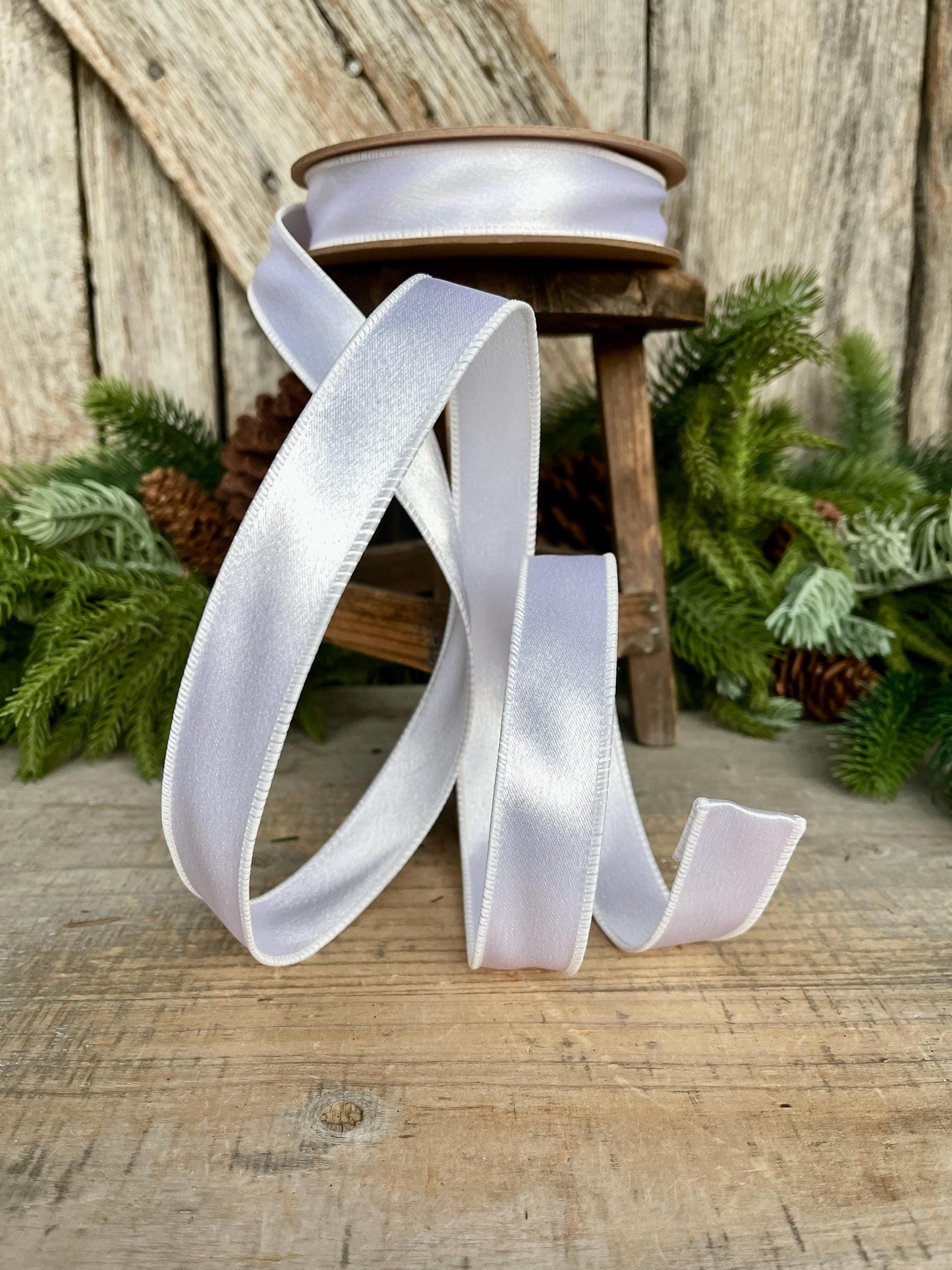 1" White Shimmer Satin Ribbon, White Satin Ribbon, Wired Ribbon