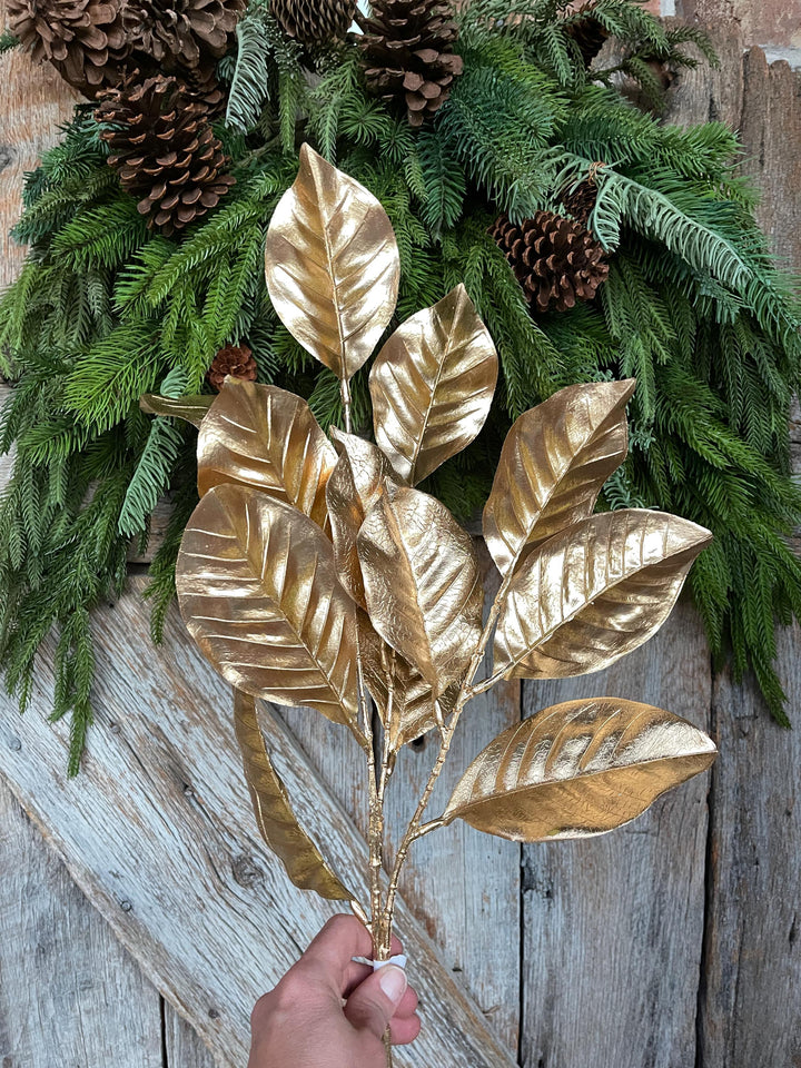 28" Metallic Gold Magnolia Leaf Spray, Christmas Tree Spray