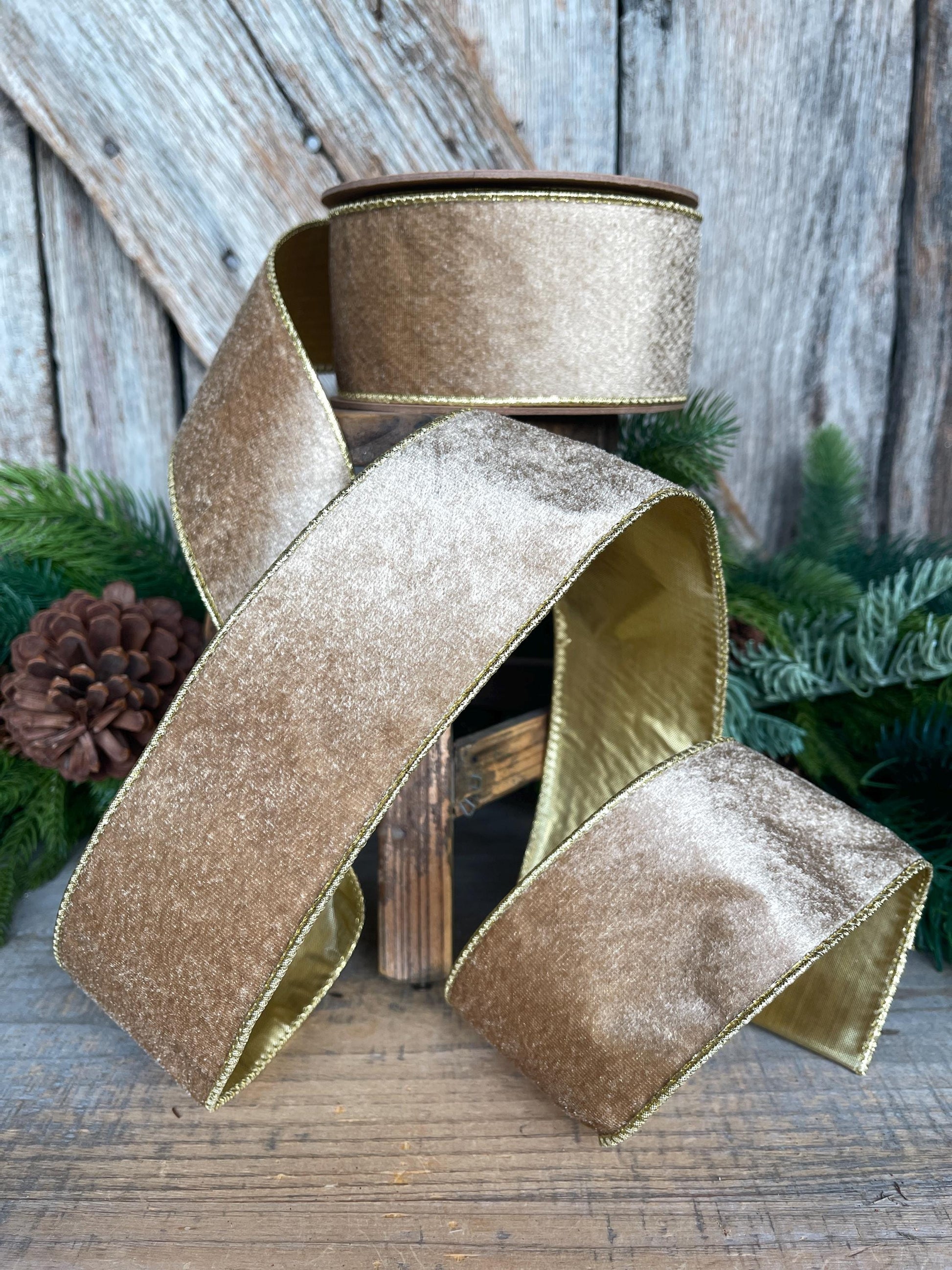 2.5" Gold Velveteen Ribbon, Christmas Ribbon, Gold Velvet