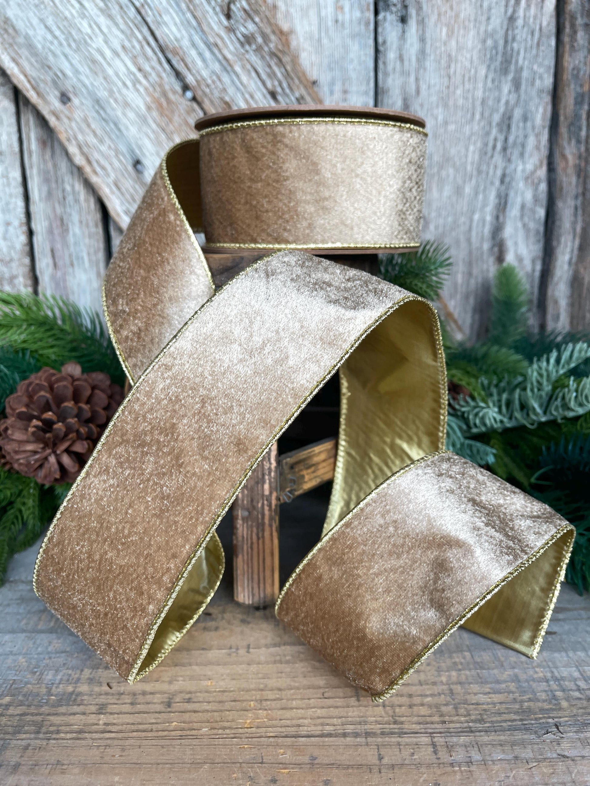 2.5" Gold Velveteen Ribbon, Christmas Ribbon, Gold Velvet