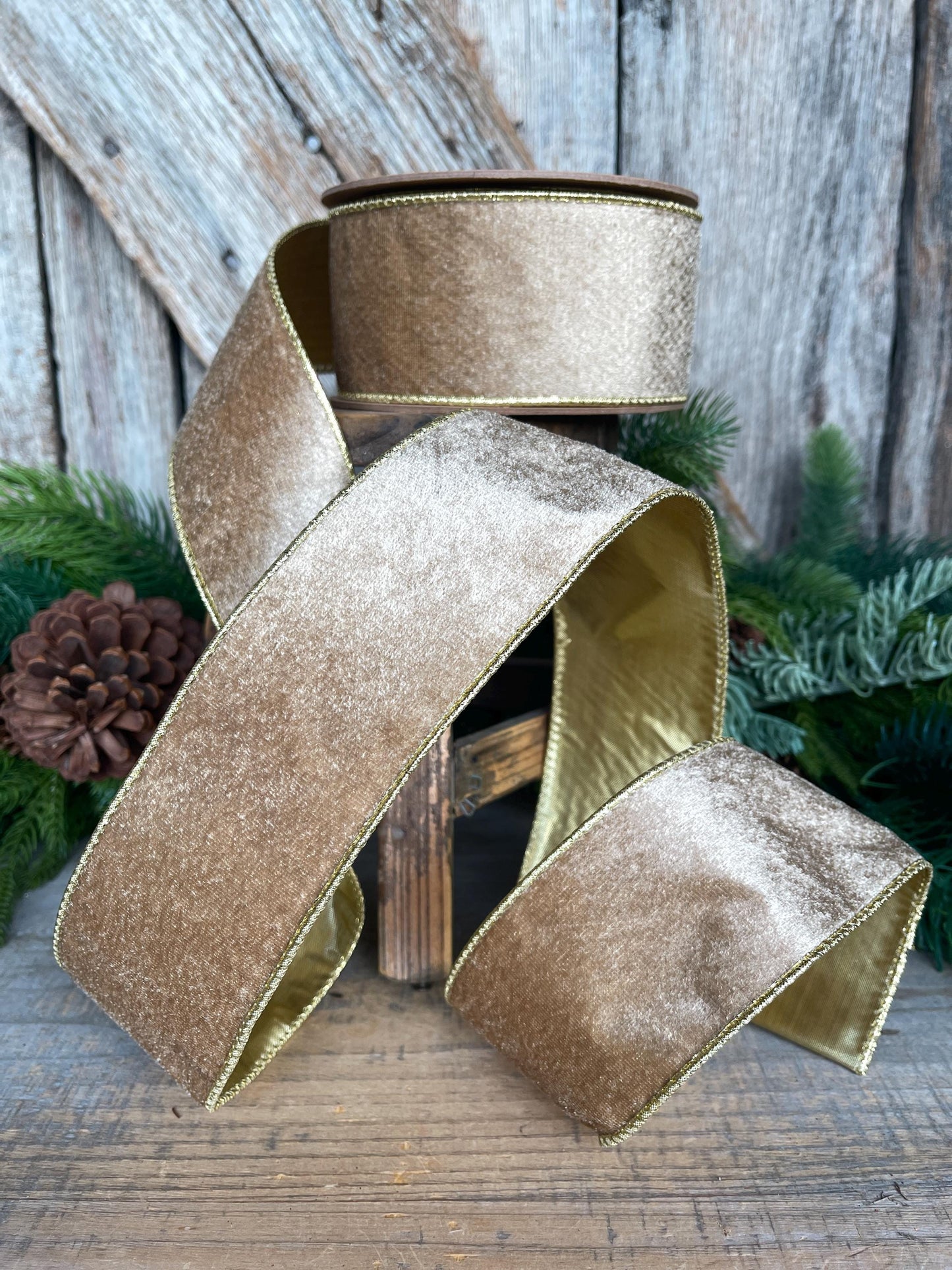 2.5" Gold Velveteen Ribbon, Christmas Ribbon, Gold Velvet