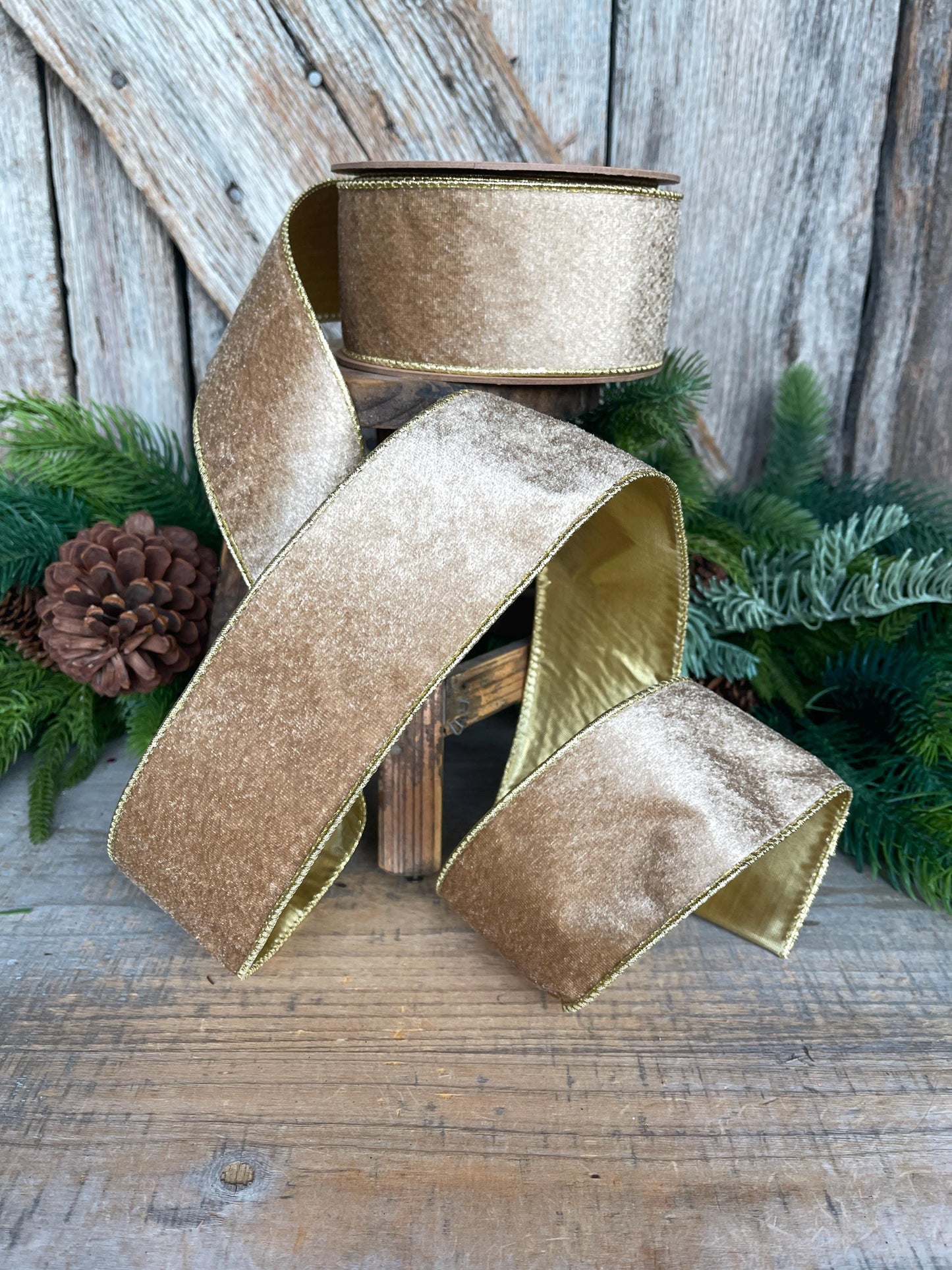2.5" Gold Velveteen Ribbon, Christmas Ribbon, Gold Velvet
