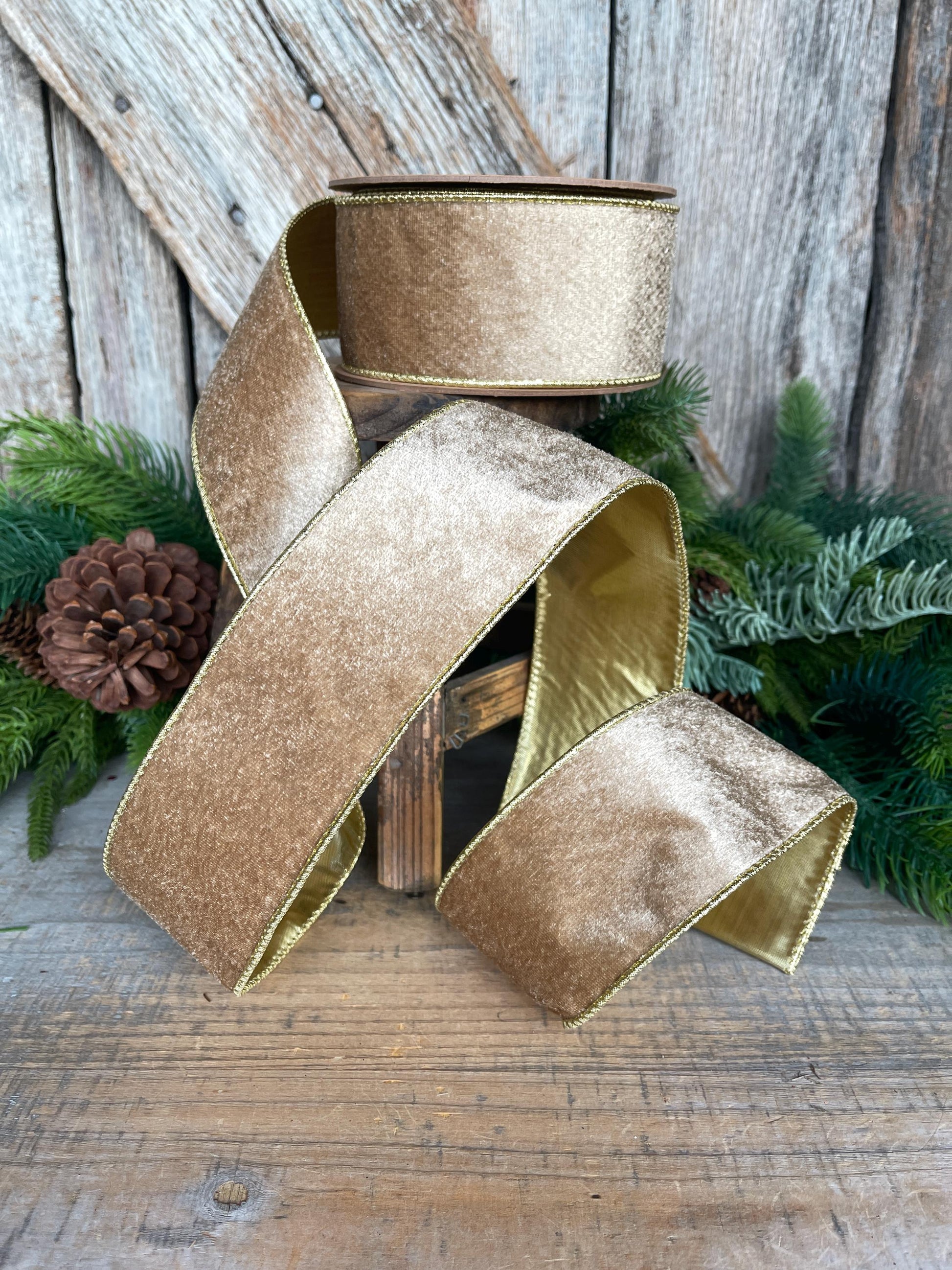 2.5" Gold Velveteen Ribbon, Christmas Ribbon, Gold Velvet