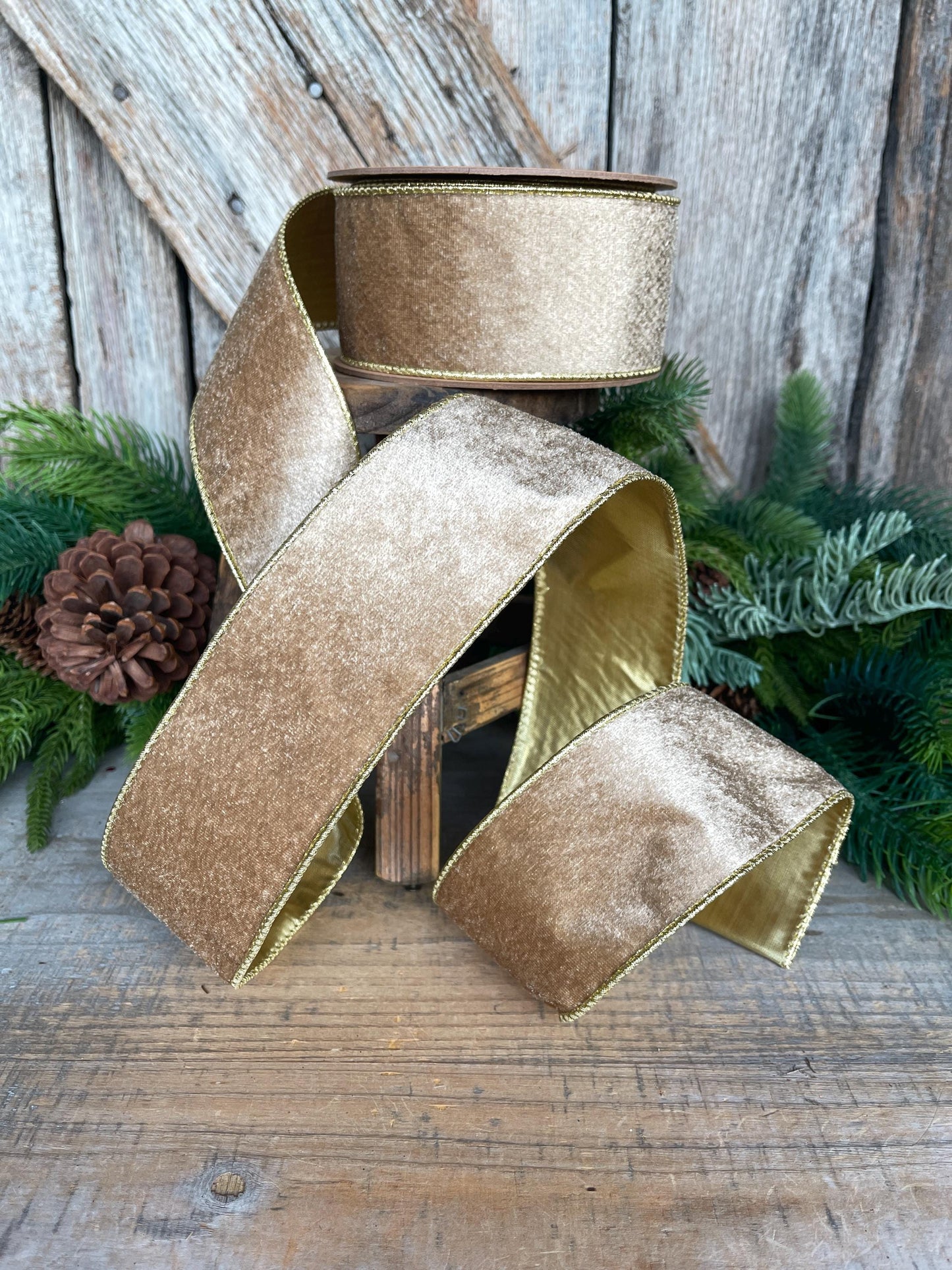 2.5" Gold Velveteen Ribbon, Christmas Ribbon, Gold Velvet