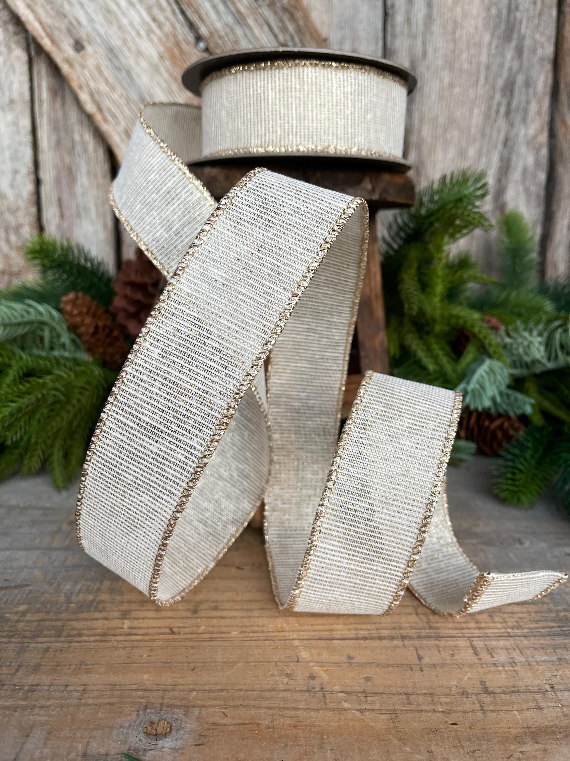1.5" Ivory & Gold Ribbon, Christmas Ribbon, Gift Wrap Ribbon