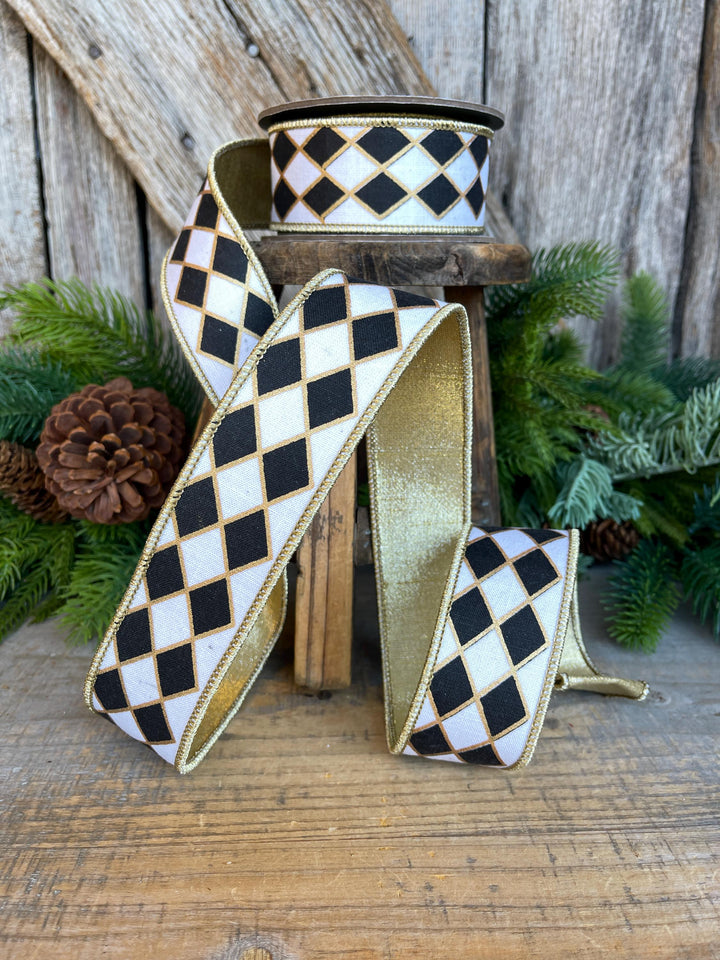 1.5" Black and White Harlequin Ribbon, Christmas Ribbon