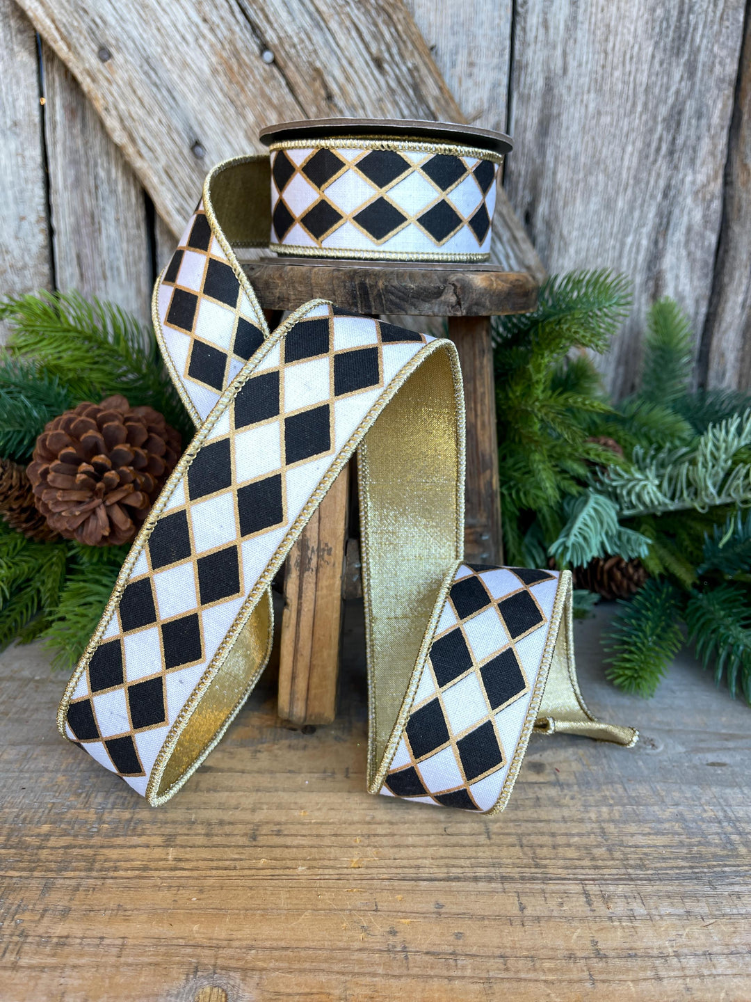 1.5" Black and White Harlequin Ribbon, Christmas Ribbon