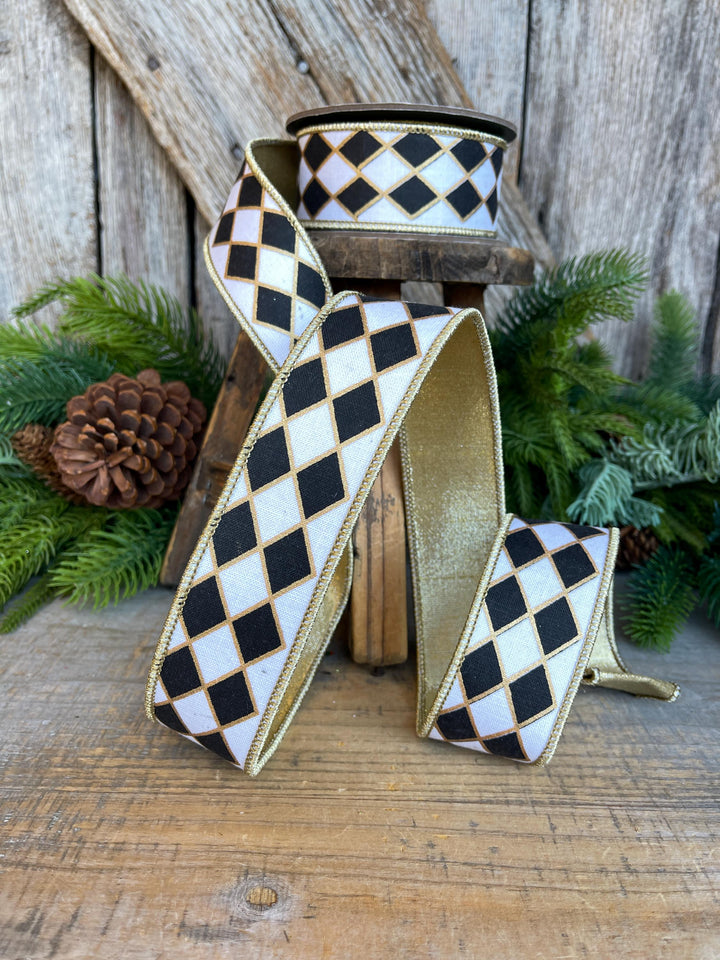 1.5" Black and White Harlequin Ribbon, Christmas Ribbon