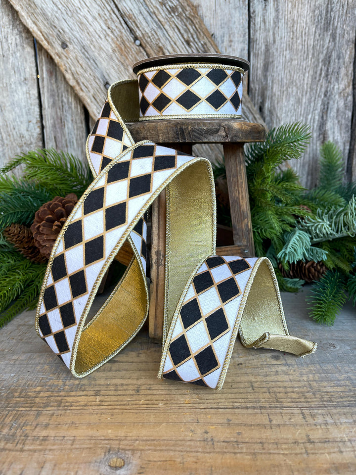 1.5" Black and White Harlequin Ribbon, Christmas Ribbon