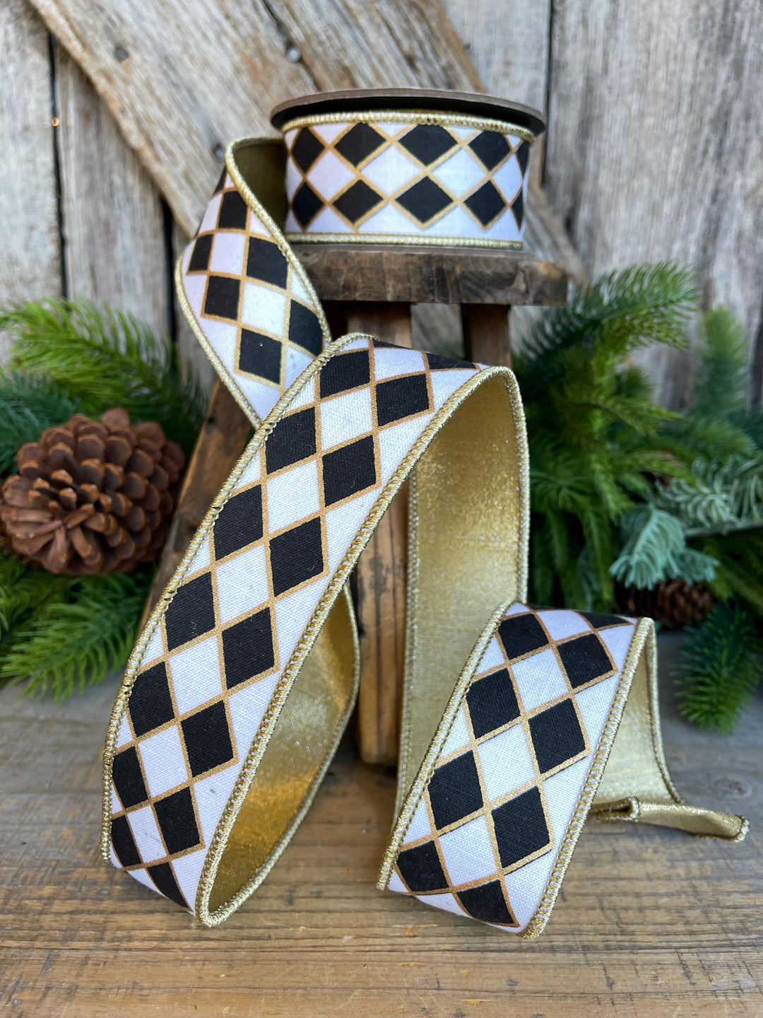 1.5" Black and White Harlequin Ribbon, Christmas Ribbon
