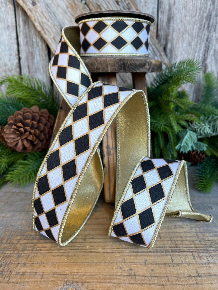 1.5" Black and White Harlequin Ribbon, Christmas Ribbon
