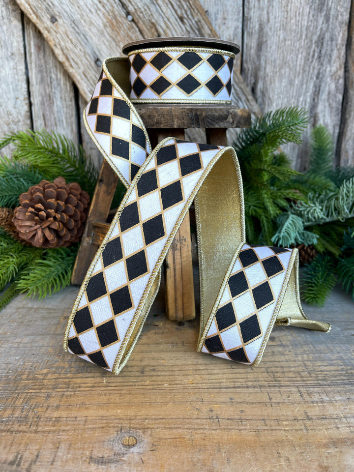 1.5" Black and White Harlequin Ribbon, Christmas Ribbon