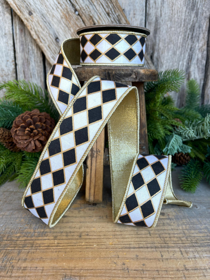 1.5" Black and White Harlequin Ribbon, Christmas Ribbon