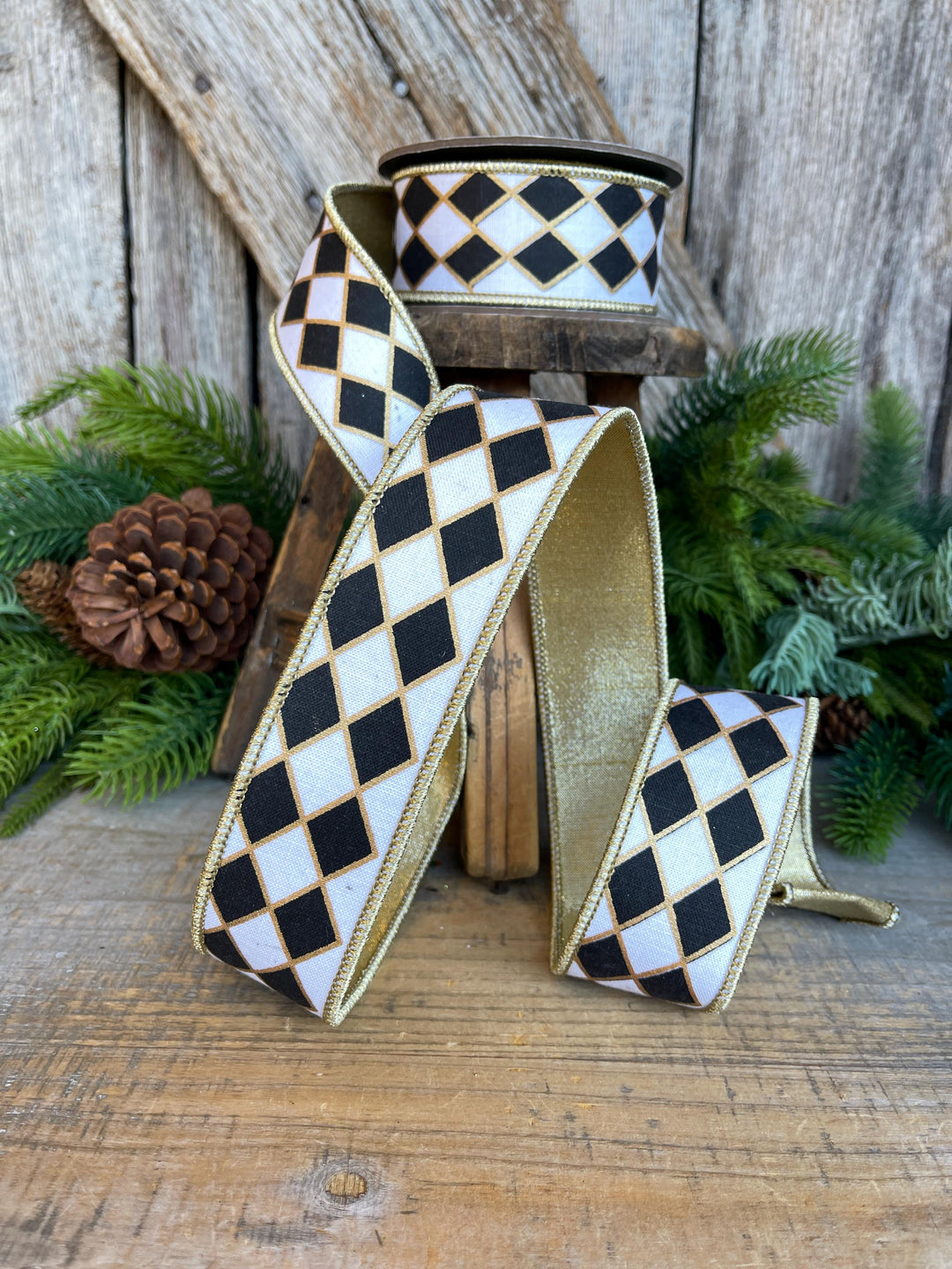 1.5" Black and White Harlequin Ribbon, Christmas Ribbon