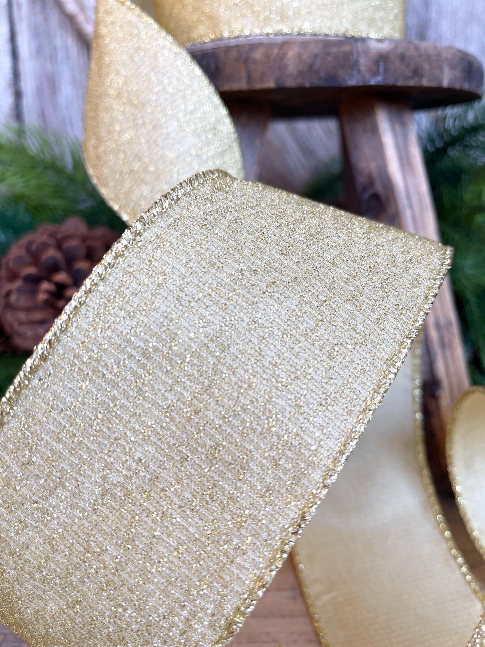 2.5" Gold Ribbon, Christmas Tree Ribbon, Gold Christmas Ribbon