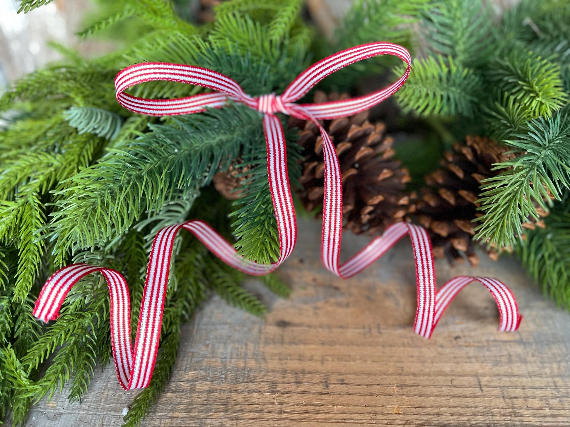 3/8" Red White Stripe Ribbon, Wired Ribbon, Gift Wrap Ribbon, Ribbon for Bows