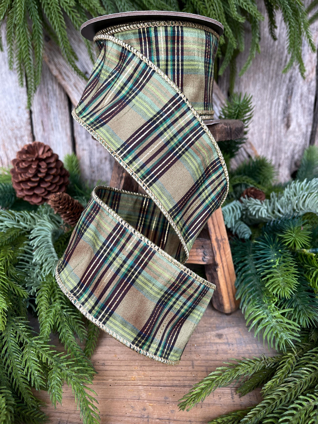 2.5" Green Moss Christmas Plaid, Woodsy Christmas Ribbon, Christmas Plaid Ribbon